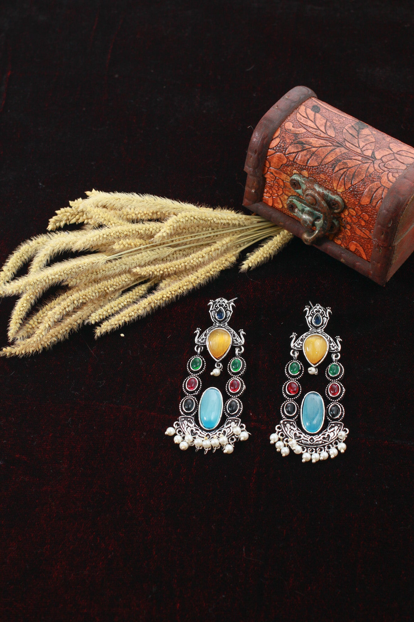 Multi‑Stone Temple Chand Dangler with Blue Oval Monalisa | Oxidised