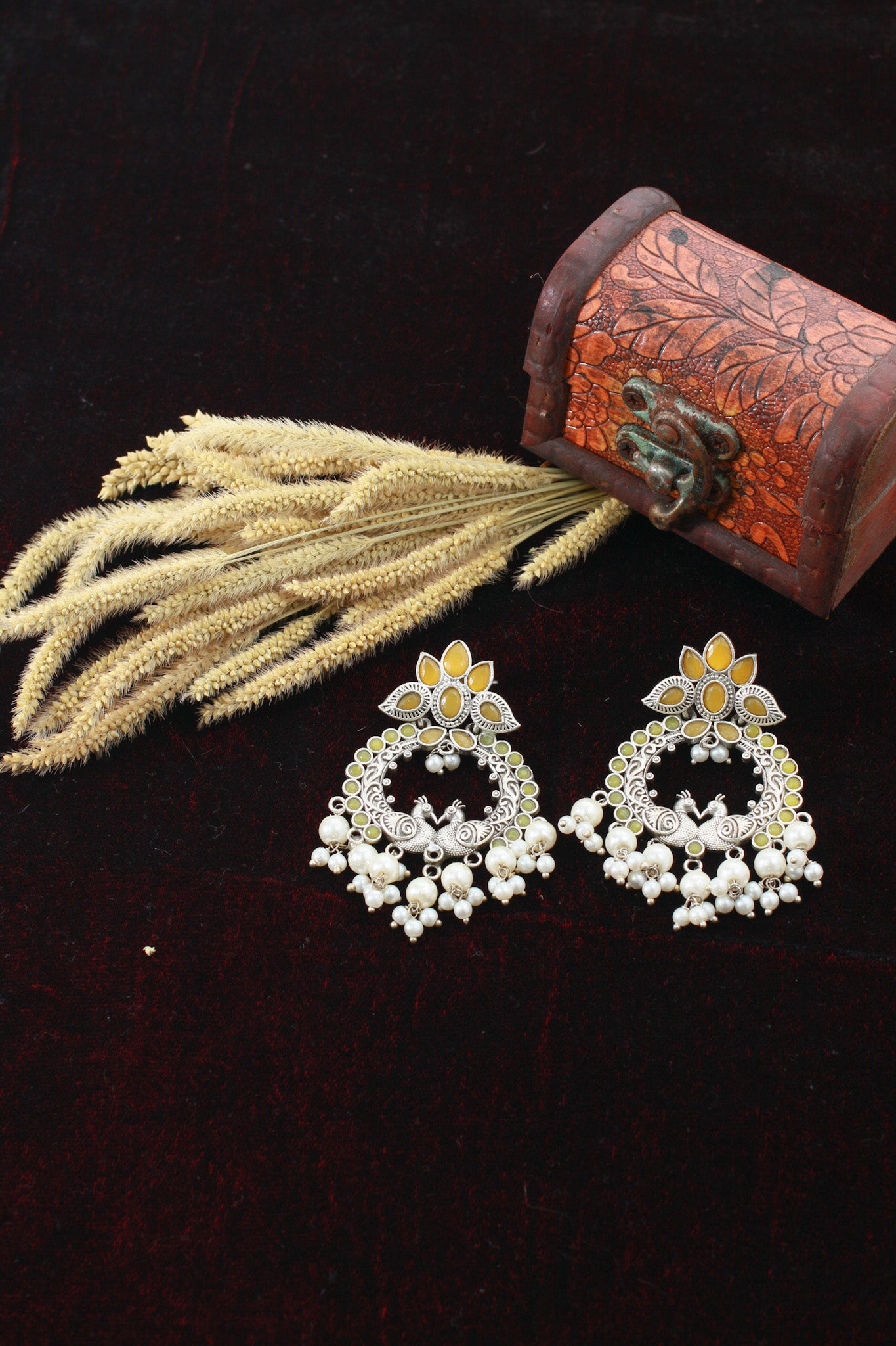 Yellow Monalisa Twin Peacock Chandbali with Pearls | Oxidised