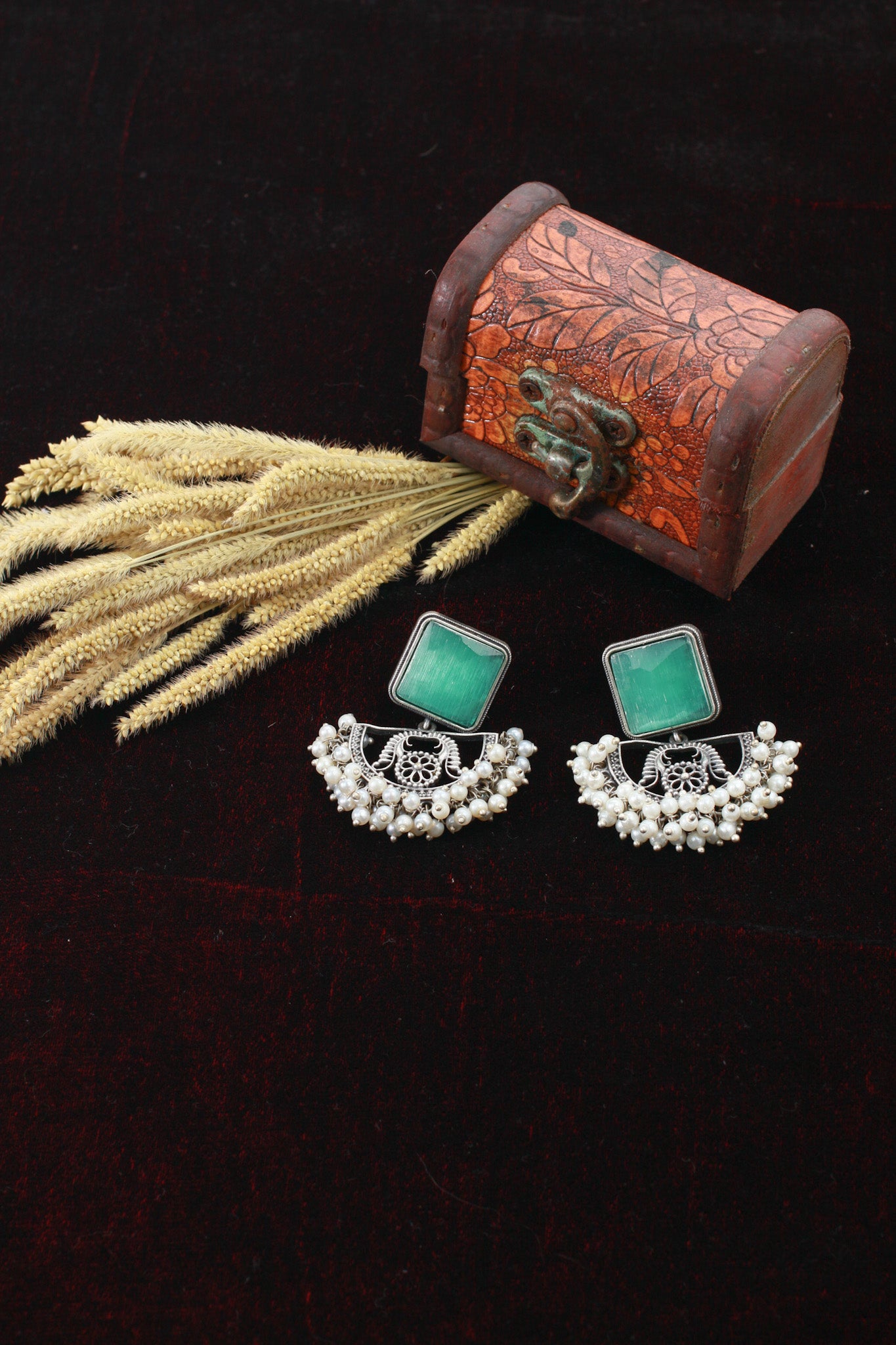 Green Monalisa Stone Half-Moon Oxidised German Silver Earrings with Pearl Tassels