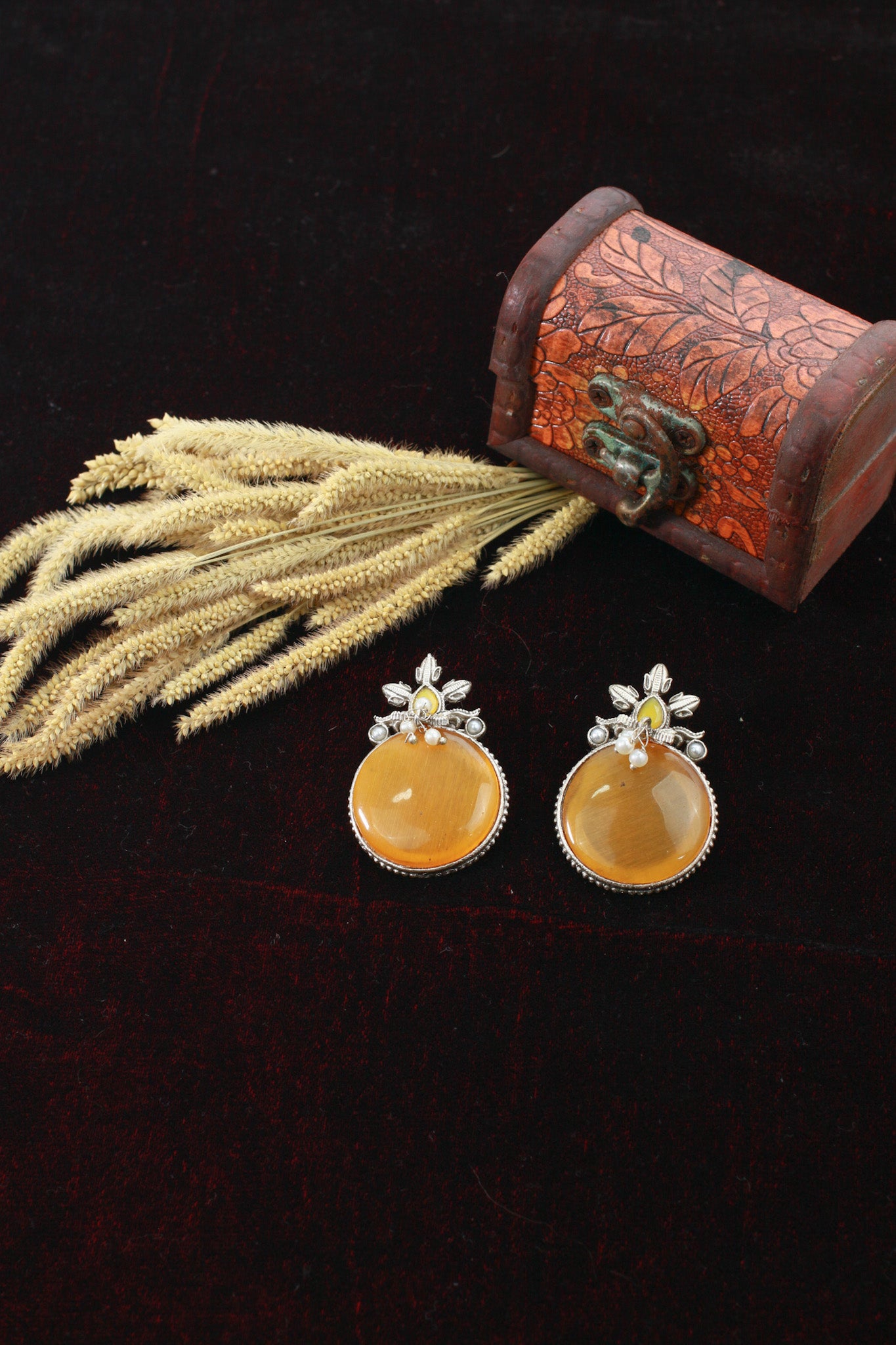 Honey Yellow Monalisa Round Studs with Floral Pearl Accent | Oxidised