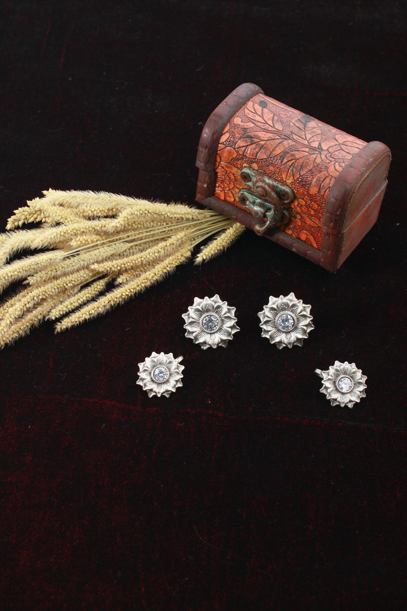 Floral Crystal Stud Earrings in German Silver – Oxidised Antique Finish