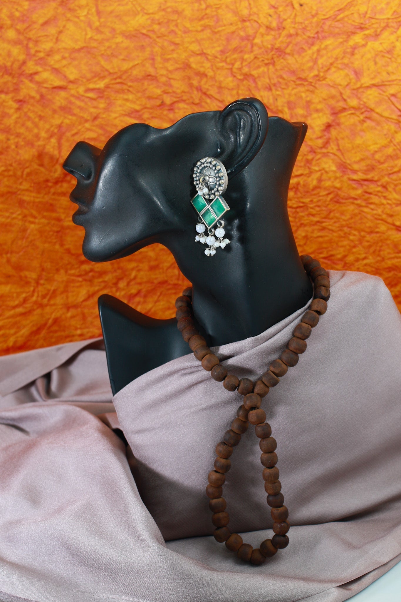 Green Monalisa Stone Square Oxidised Stud Earrings