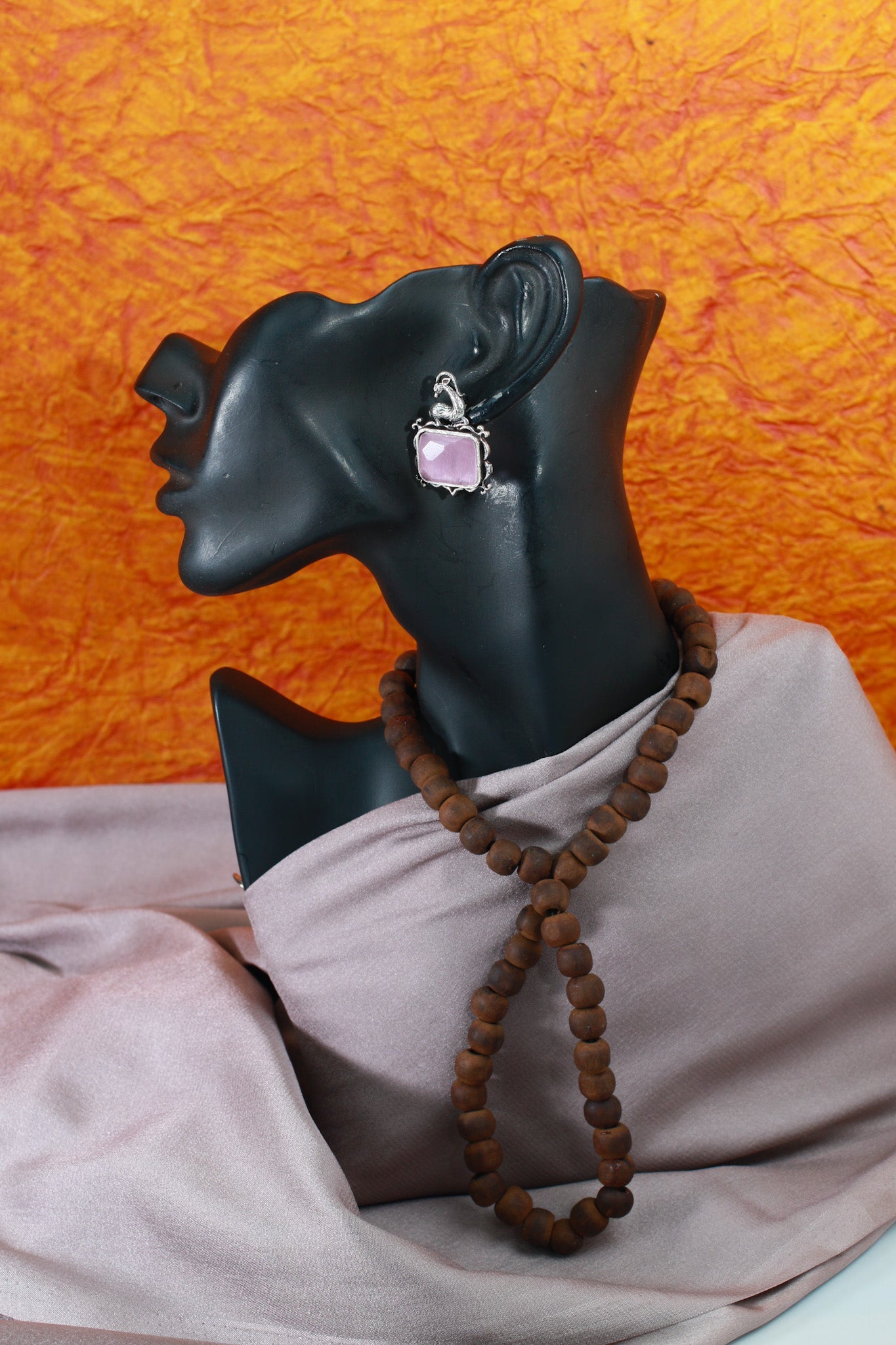 Pink Monalisa Rectangle Oxidised German Silver Earrings with Deer Motif