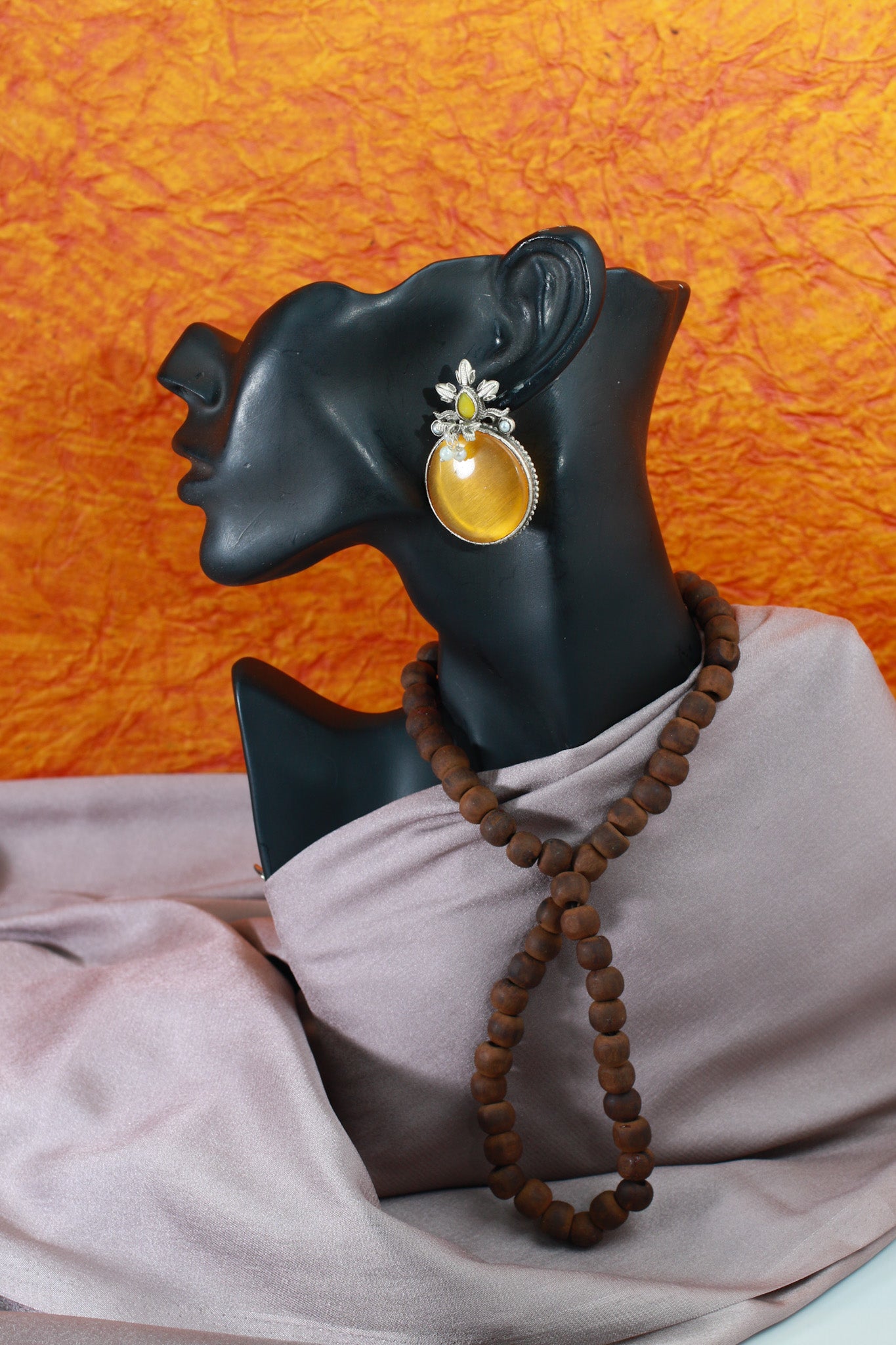 Honey Yellow Monalisa Round Studs with Floral Pearl Accent | Oxidised