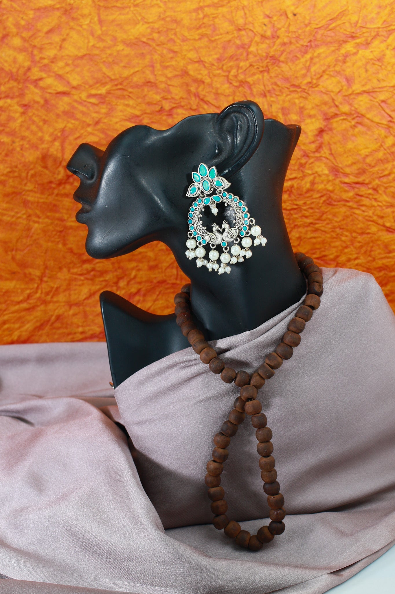 Blue Monalisa Twin Peacock Chandbali with Pearls | Oxidised German Silver