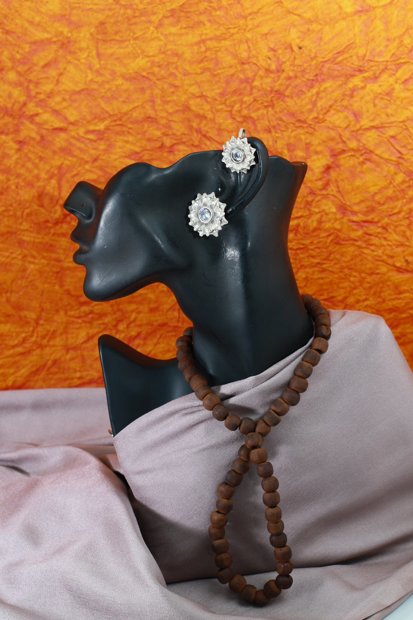 Floral Crystal Stud Earrings in German Silver – Oxidised Antique Finish