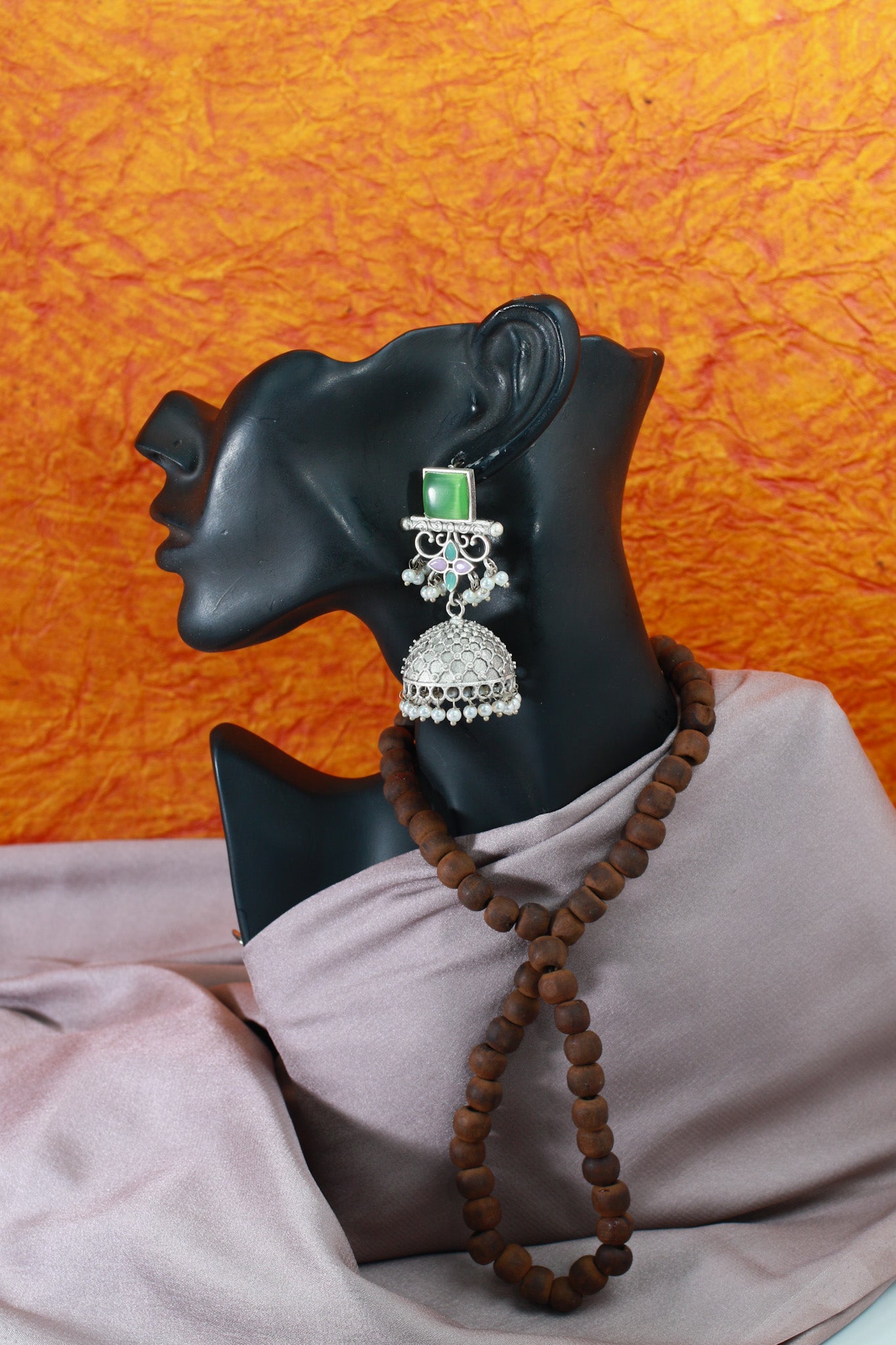 Green Monalisa Stone Dome Shaped Oxidised Jhumka Earrings