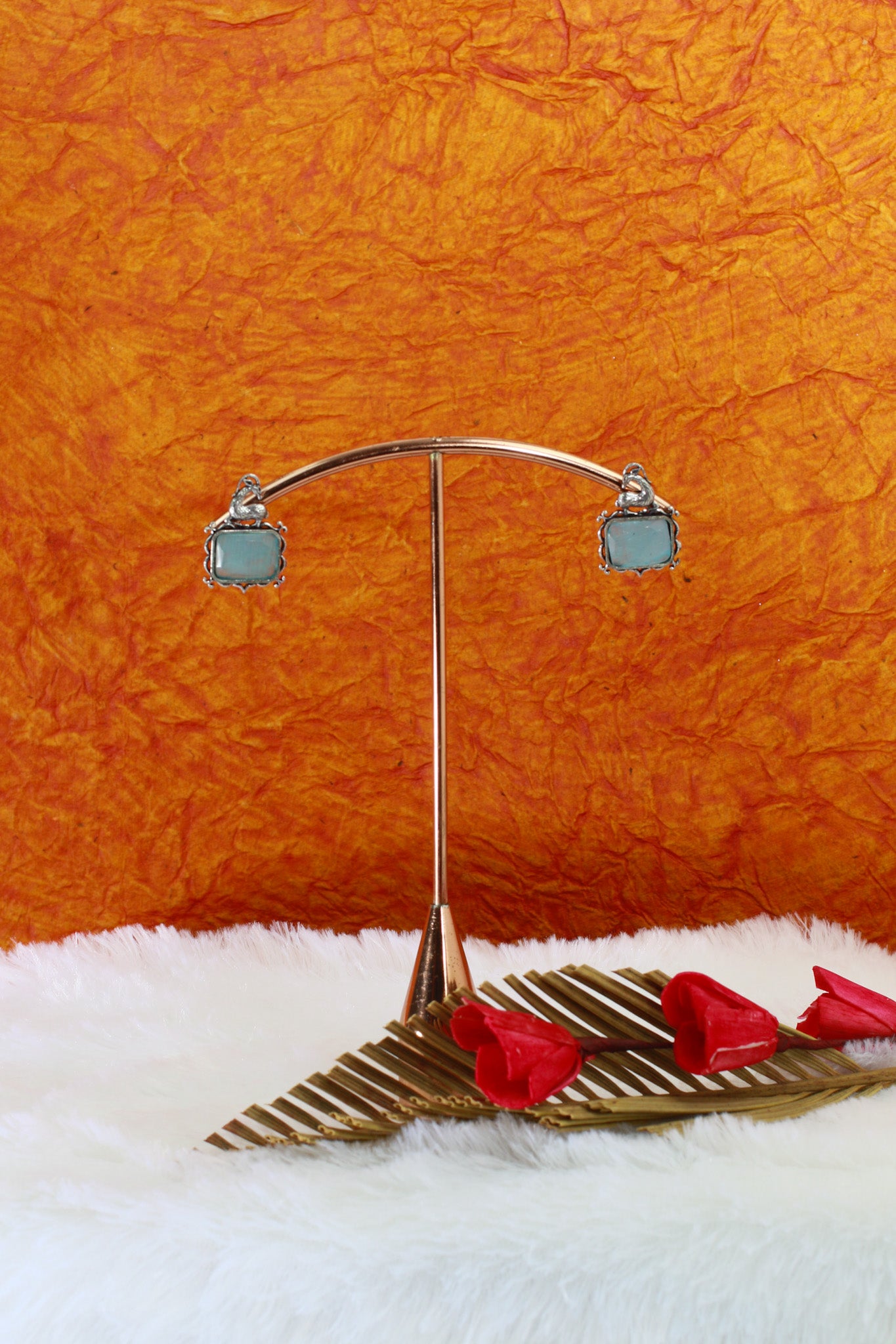 Blue Monalisa Rectangle Oxidised German Silver Earrings with Deer Motif