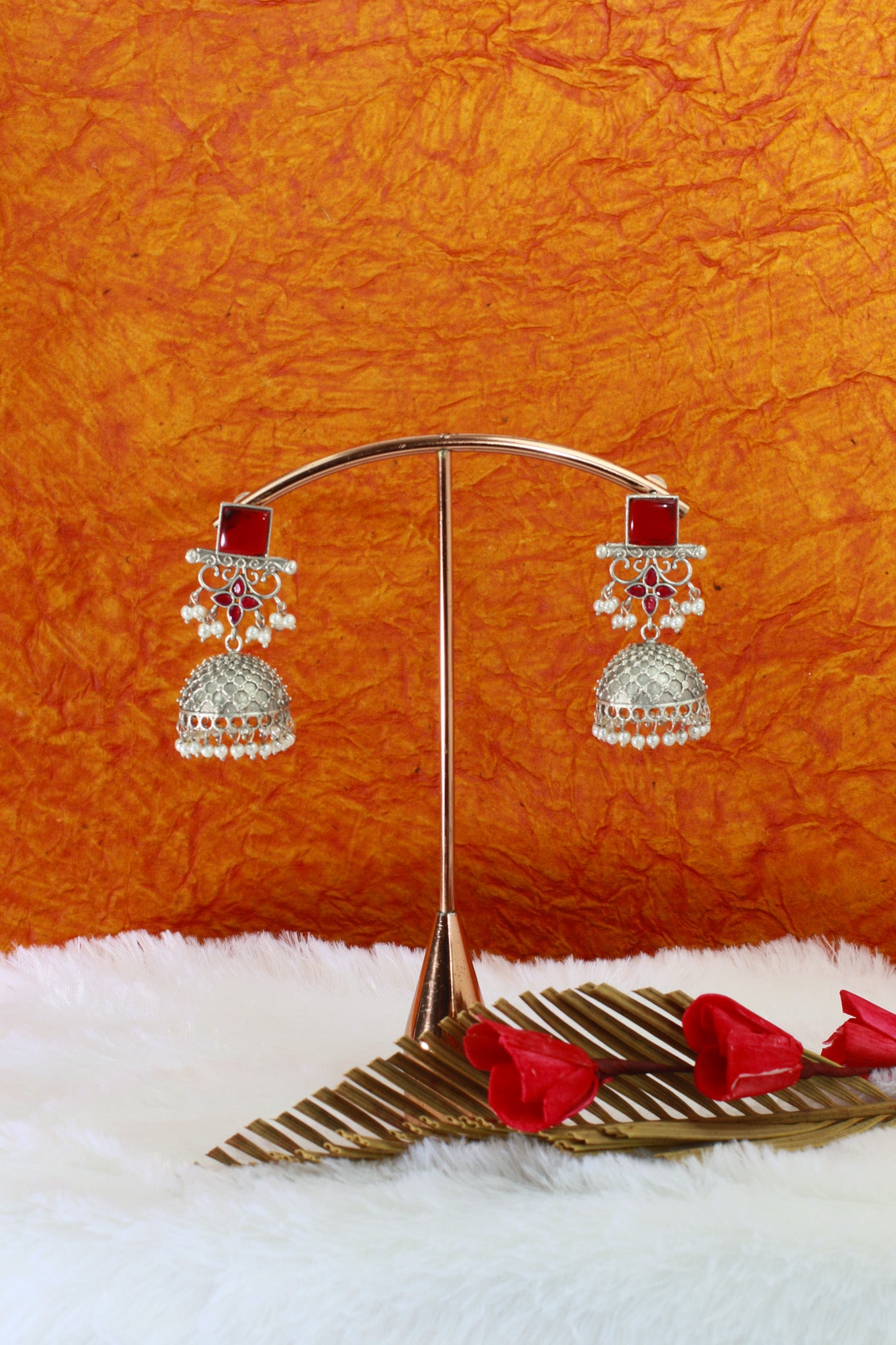 Red Monalisa Stone Oxidised Silver Dome Earrings