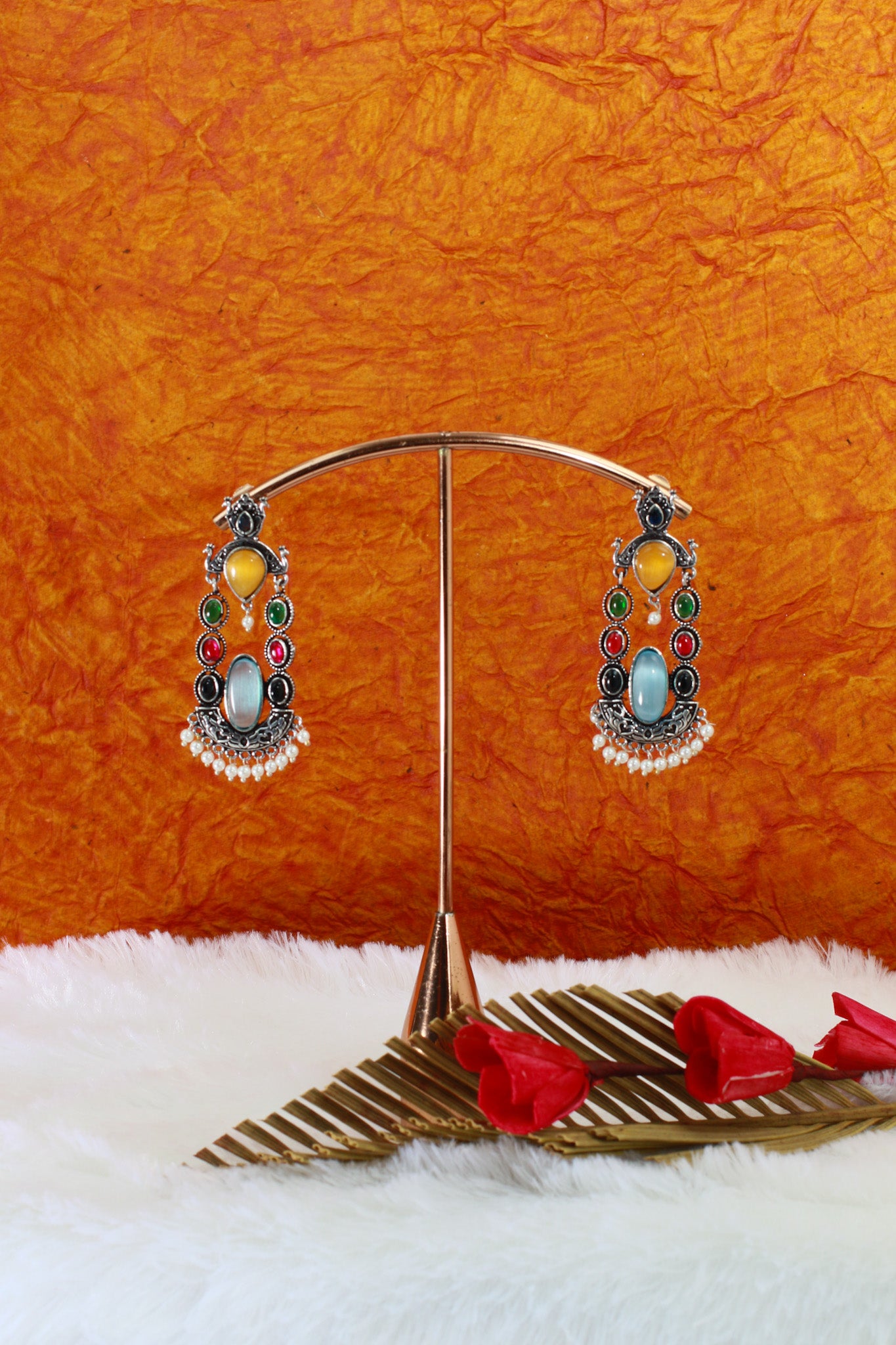 Multi‑Stone Temple Chand Dangler with Blue Oval Monalisa | Oxidised