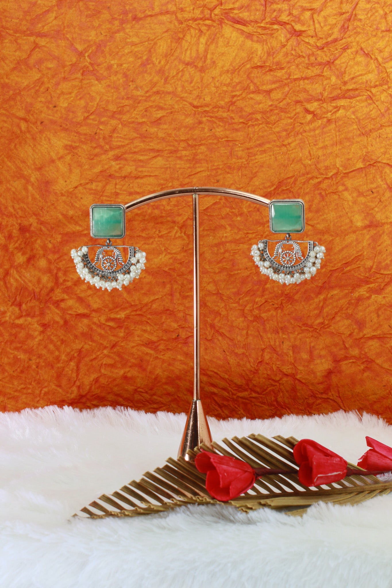 Green Monalisa Stone Half-Moon Oxidised German Silver Earrings with Pearl Tassels