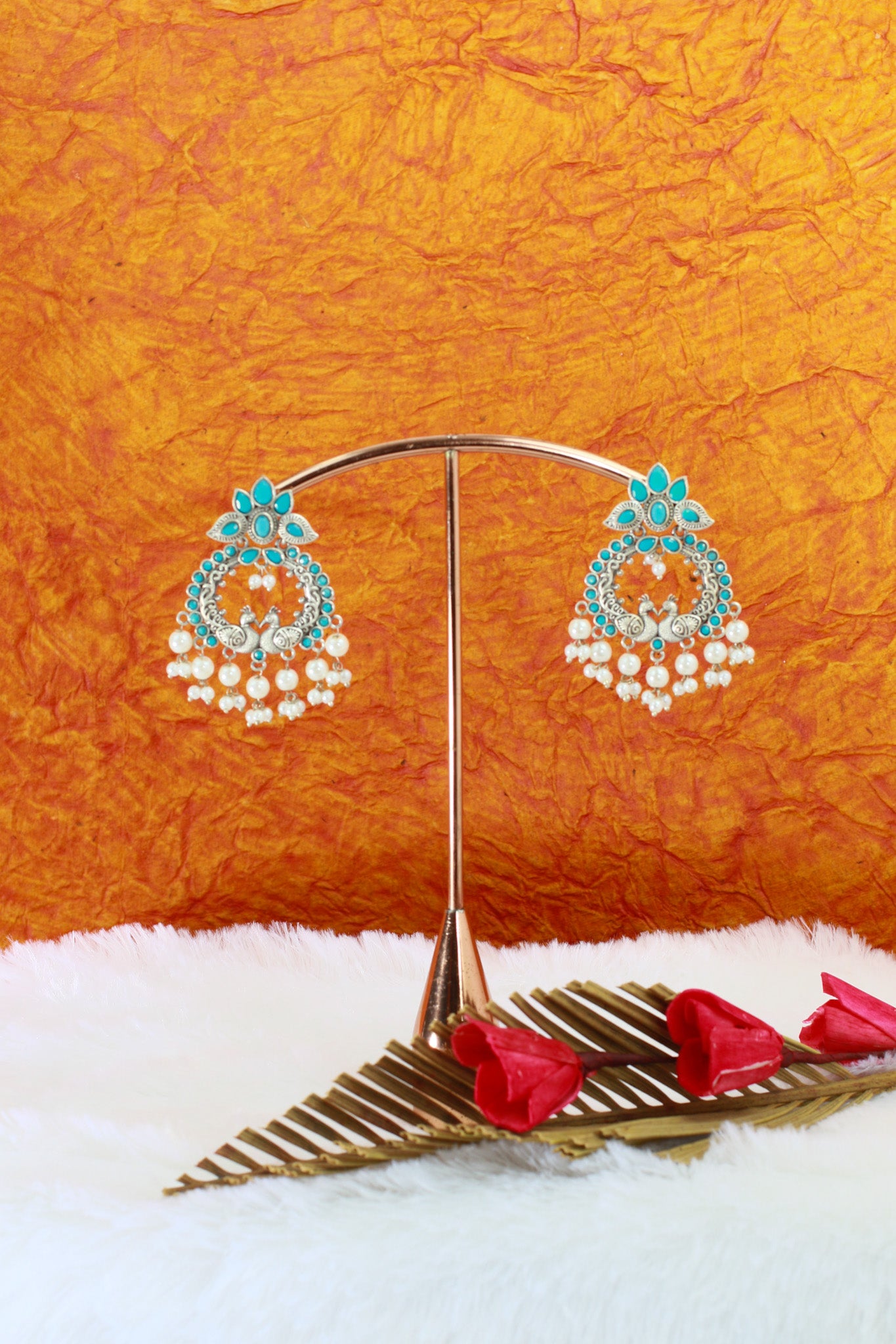 Blue Monalisa Twin Peacock Chandbali with Pearls | Oxidised German Silver