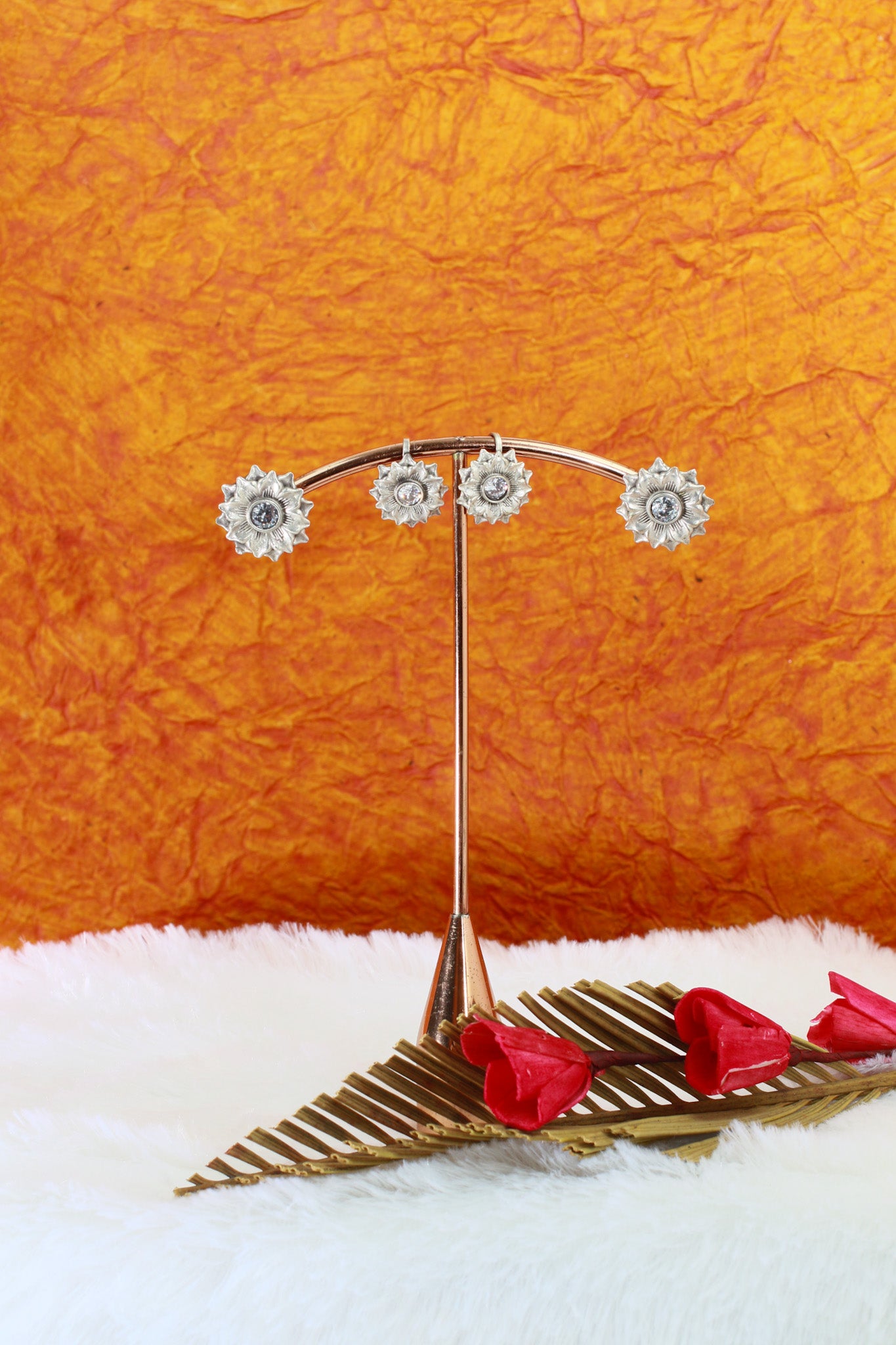 Floral Crystal Stud Earrings in German Silver – Oxidised Antique Finish