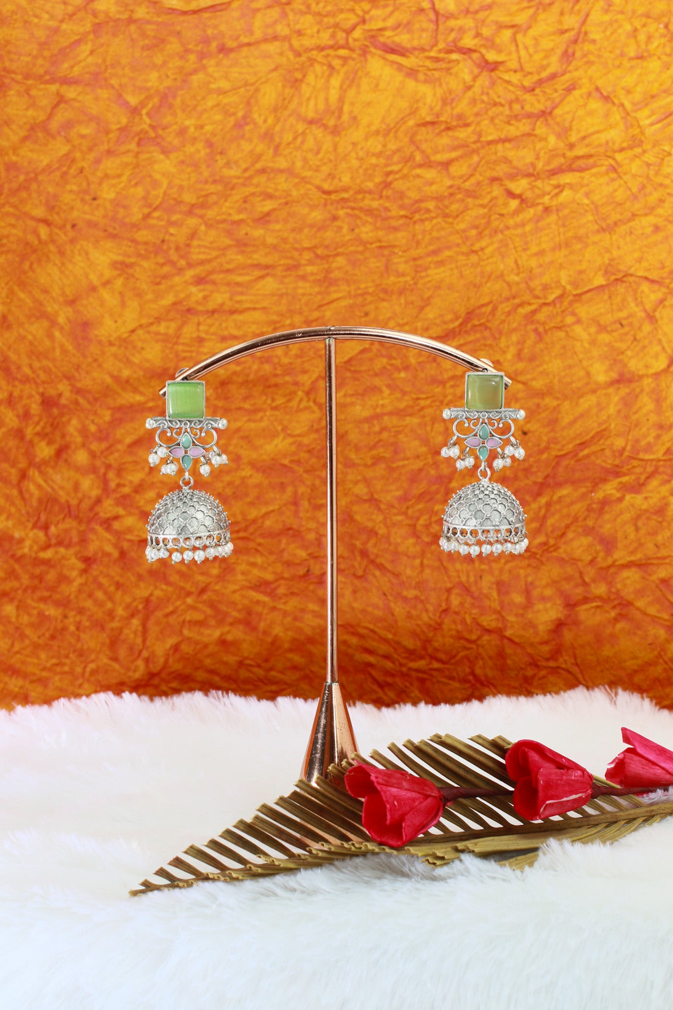 Green Monalisa Stone Dome Shaped Oxidised Jhumka Earrings