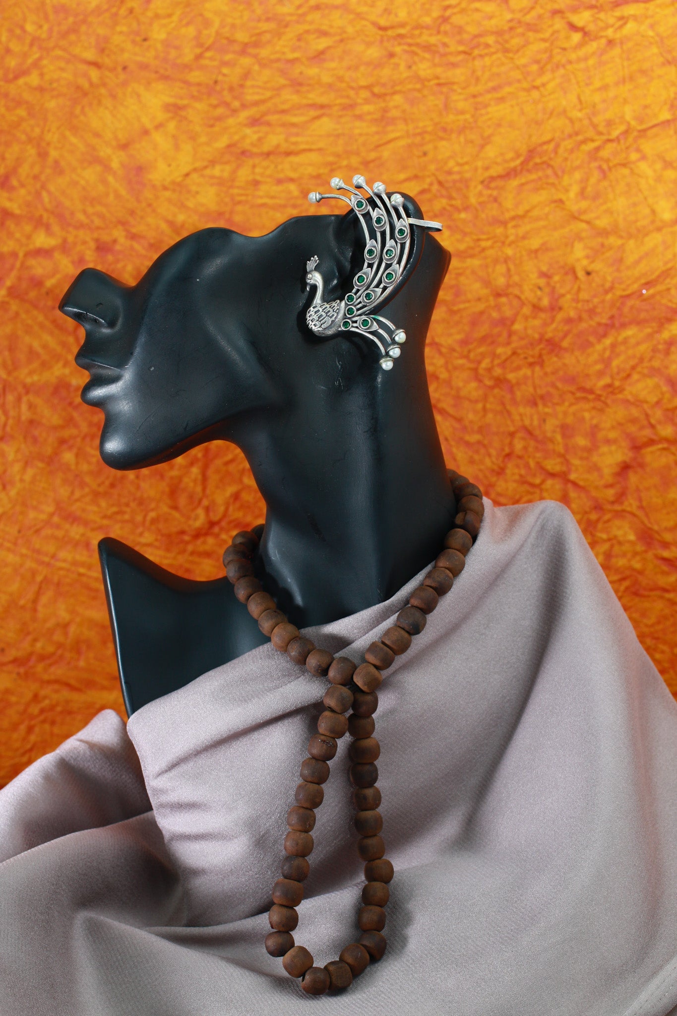 Peacock Ear Cuff Style Earrings with Green Accents | Oxidised German Silver