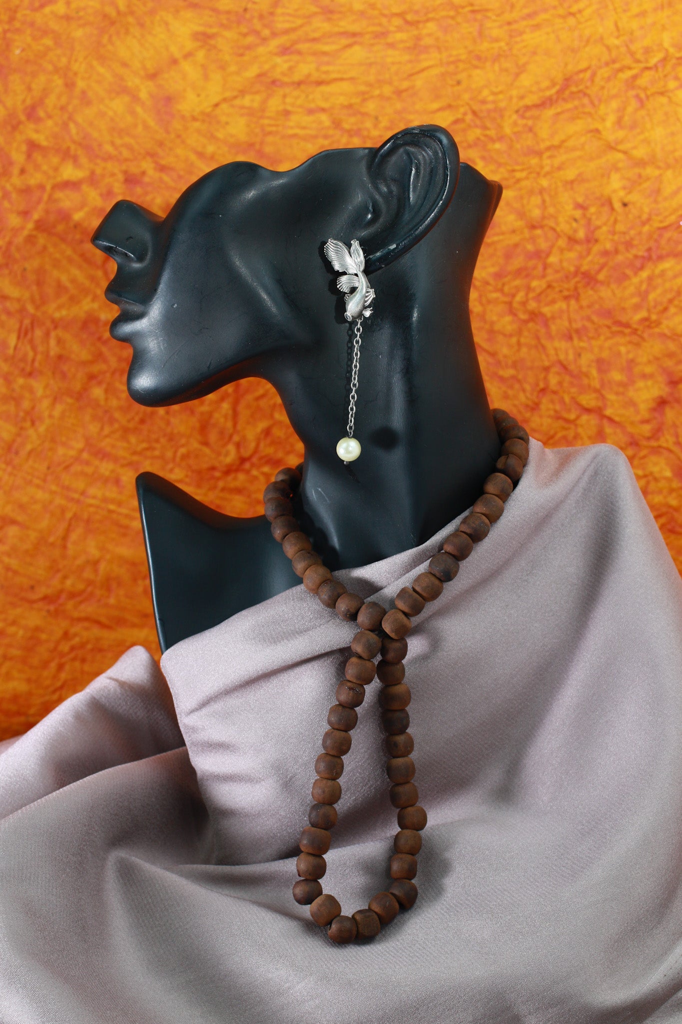 Fish Motif Chain Drop Oxidised German Silver Earrings with Pearl Ends