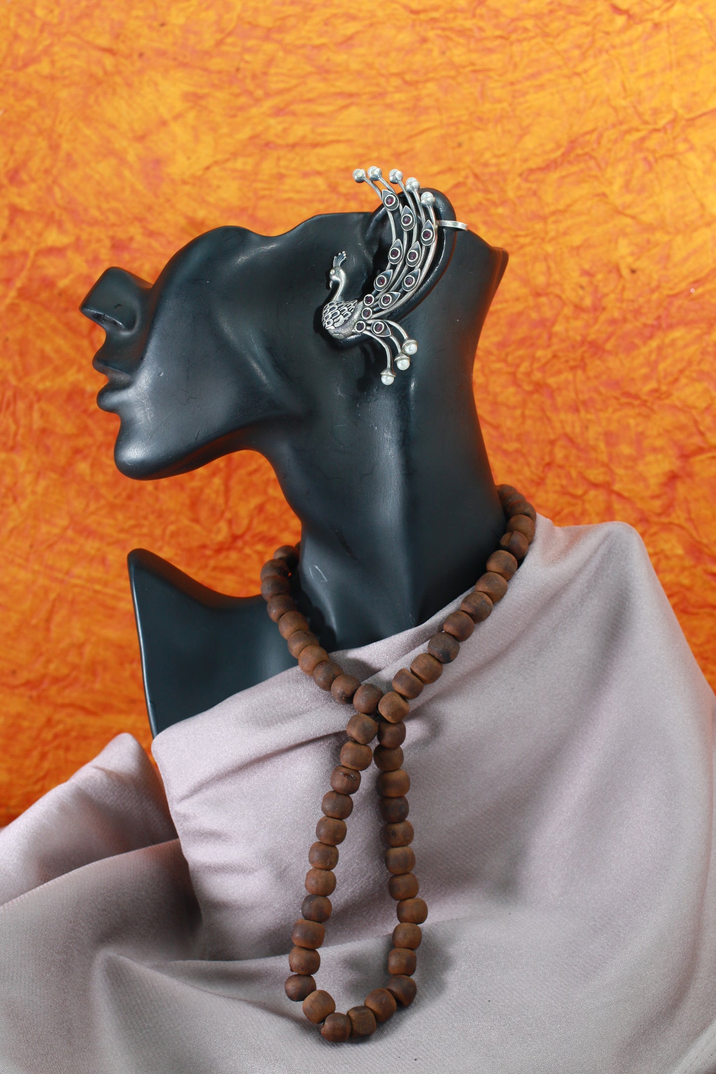 Peacock Ear Cuff Style Earrings with Maroon Accents | Oxidised German Silver