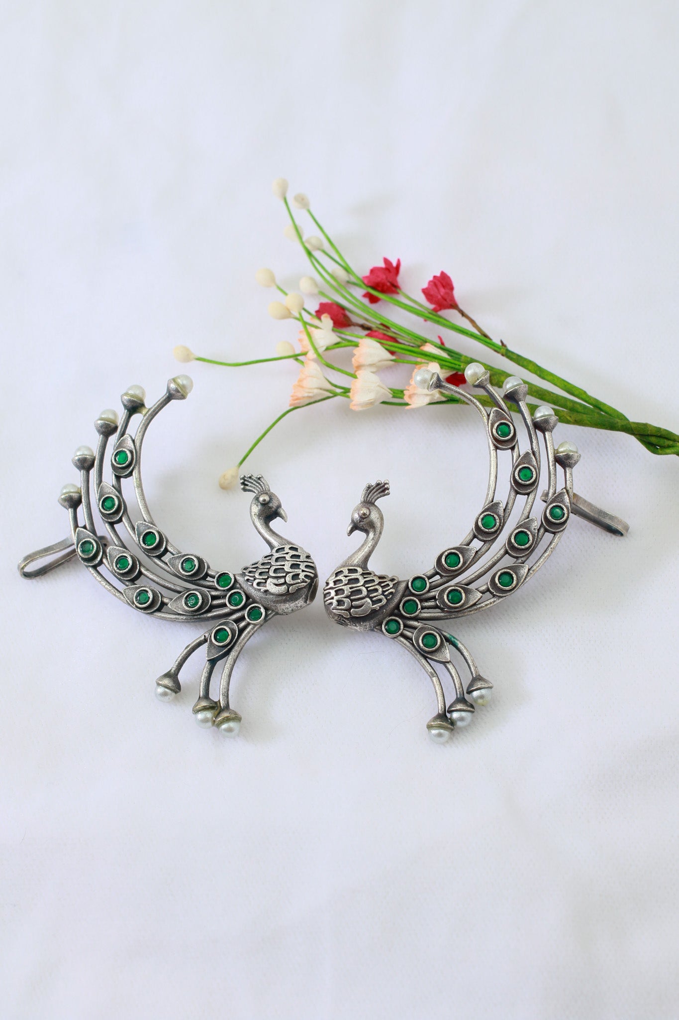 Peacock Ear Cuff Style Earrings with Green Accents | Oxidised German Silver