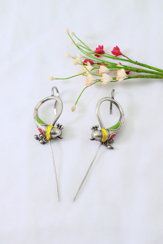 Parrot Design Oxidised Bugadi Earrings with Enamel – German Silver