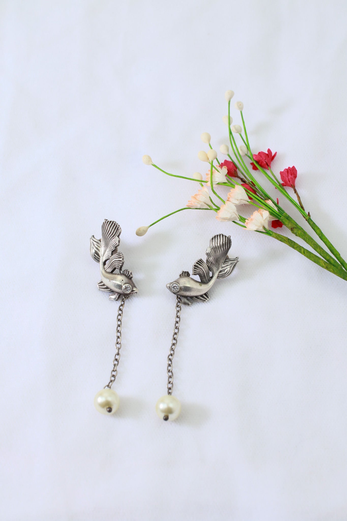 Fish Motif Chain Drop Oxidised German Silver Earrings with Pearl Ends