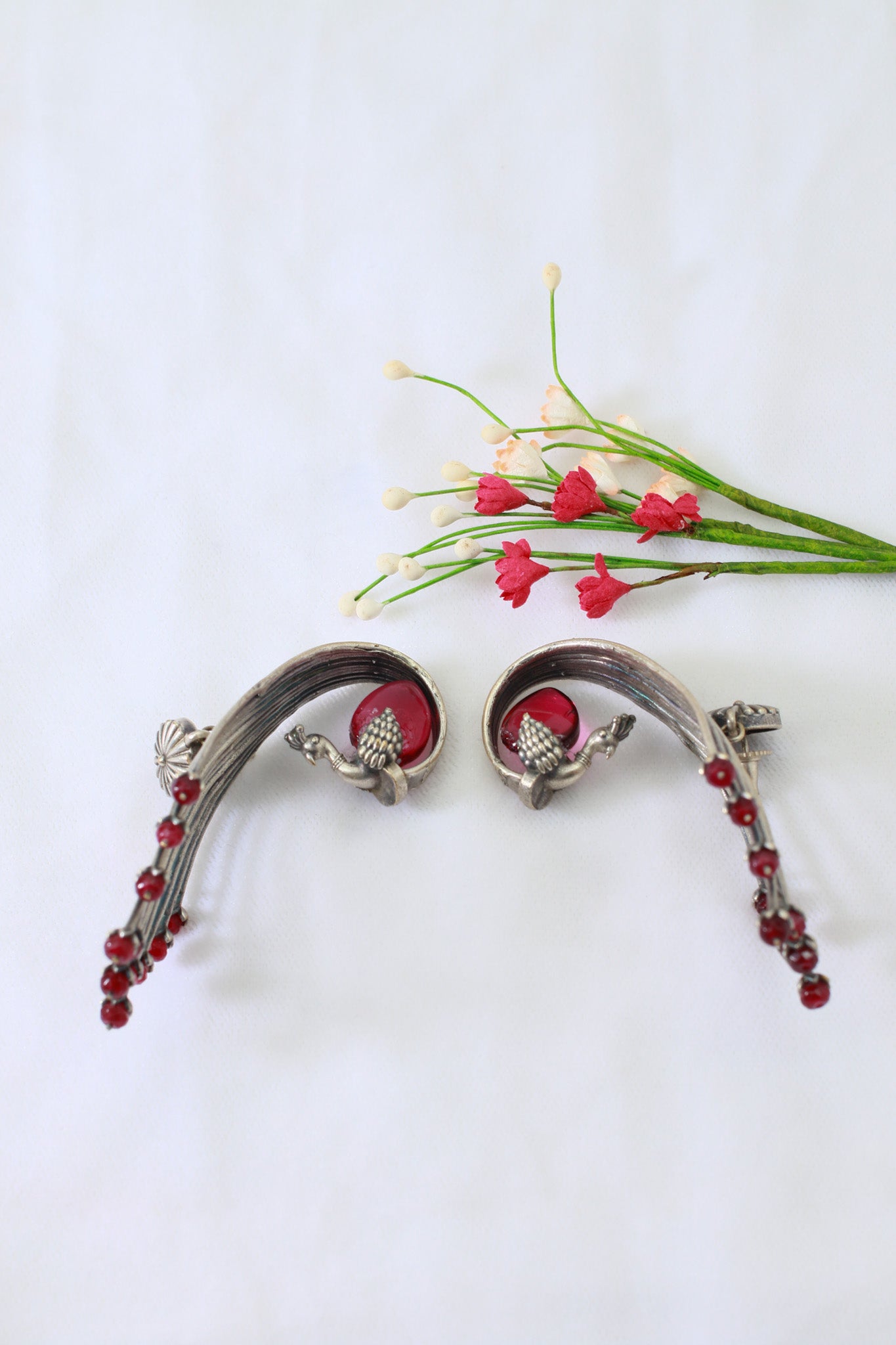 Maroon Monalisa Peacock Ear Cuff Earrings | Oxidised German Silver Statement