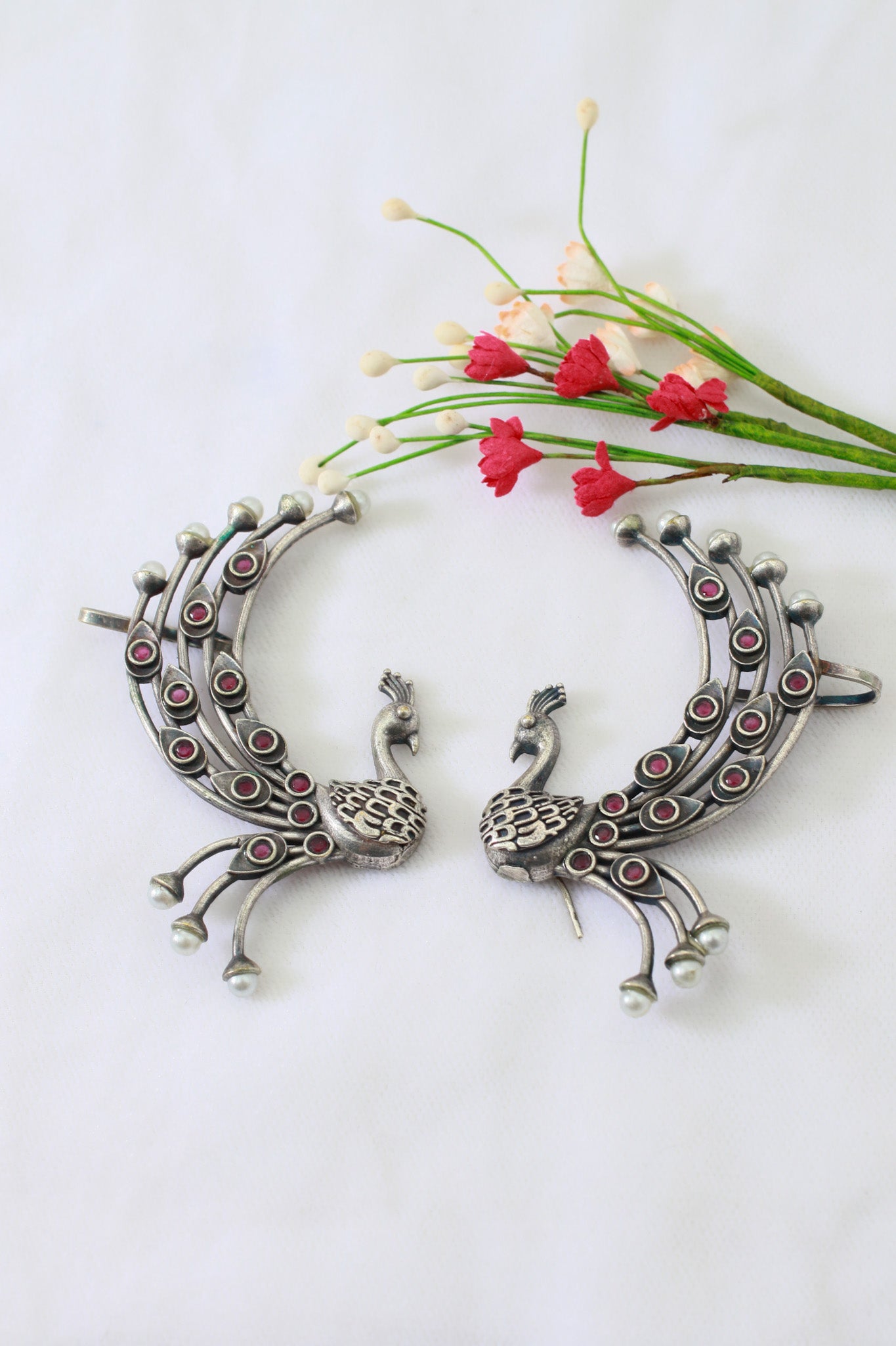 Peacock Ear Cuff Style Earrings with Maroon Accents | Oxidised German Silver