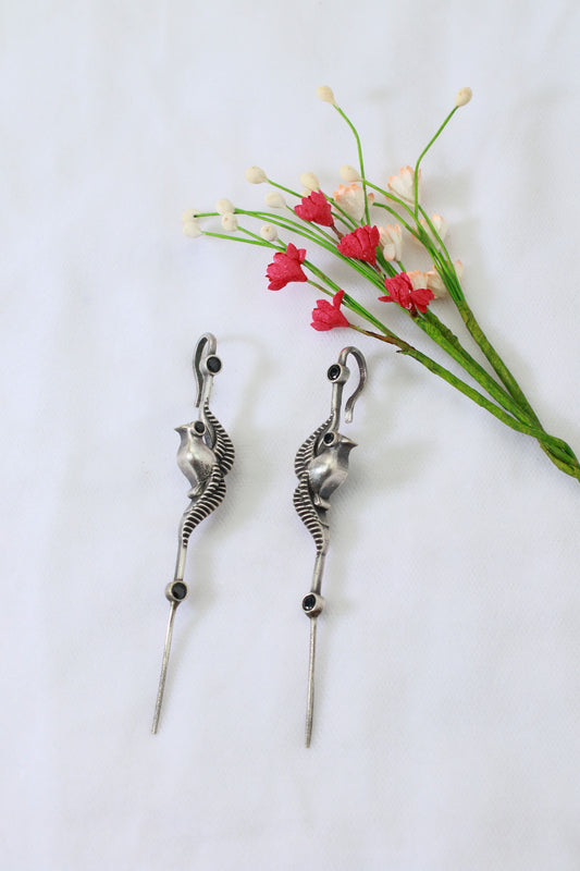 Traditional Oxidised German Silver Bugadi Earrings with Blue Stone Accents