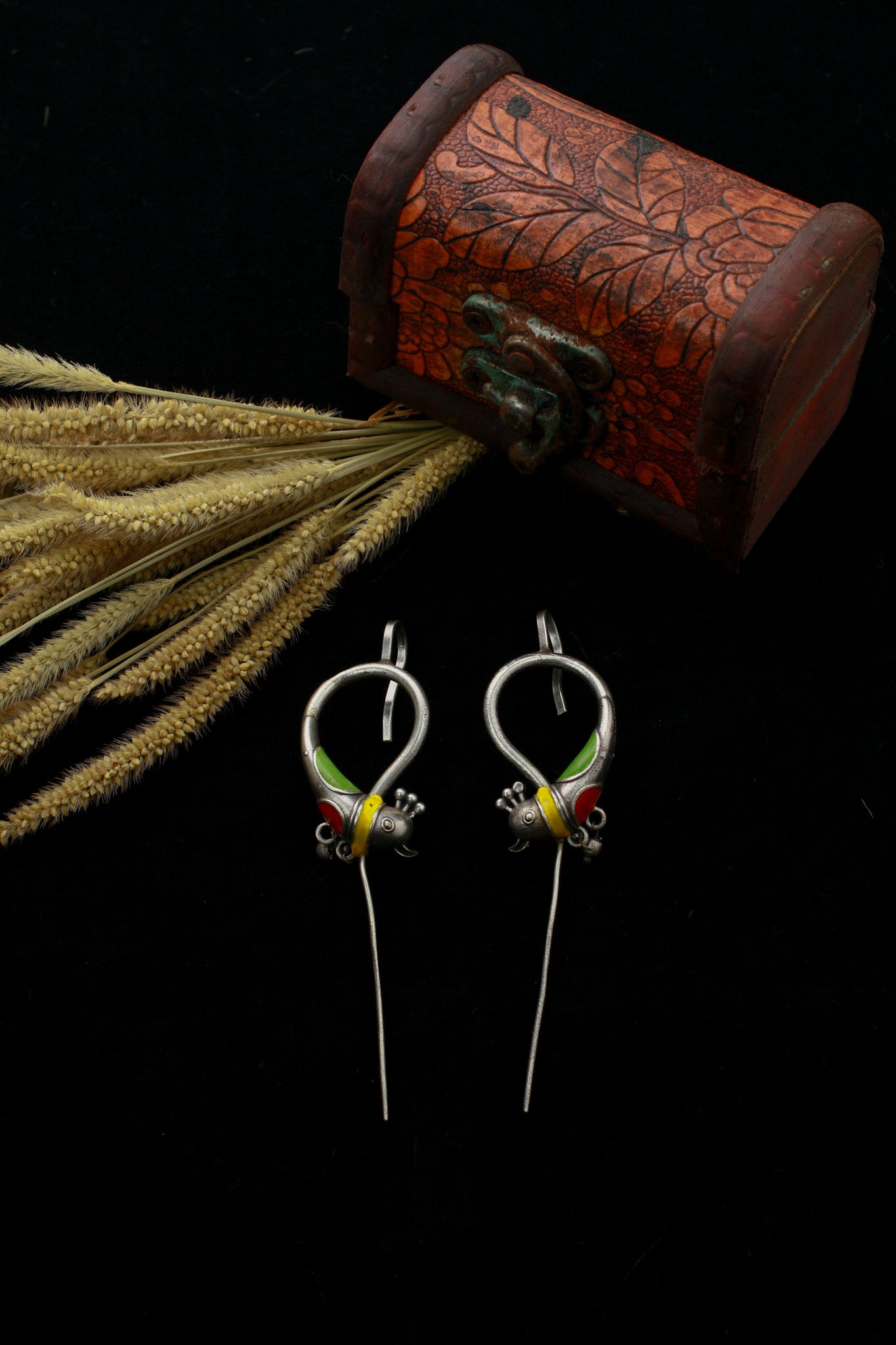 Parrot Design Oxidised Bugadi Earrings with Enamel – German Silver