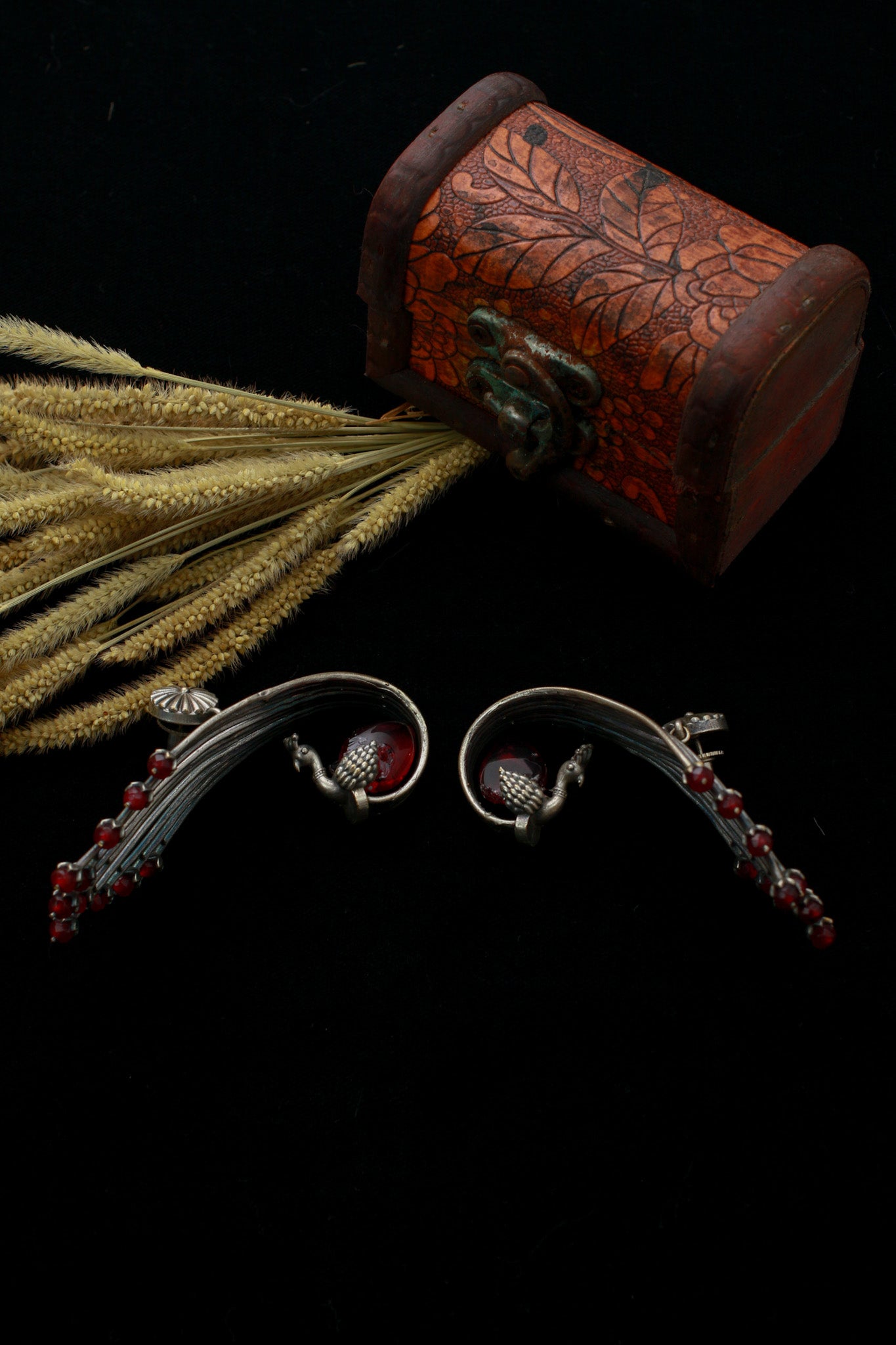 Maroon Monalisa Peacock Ear Cuff Earrings | Oxidised German Silver Statement