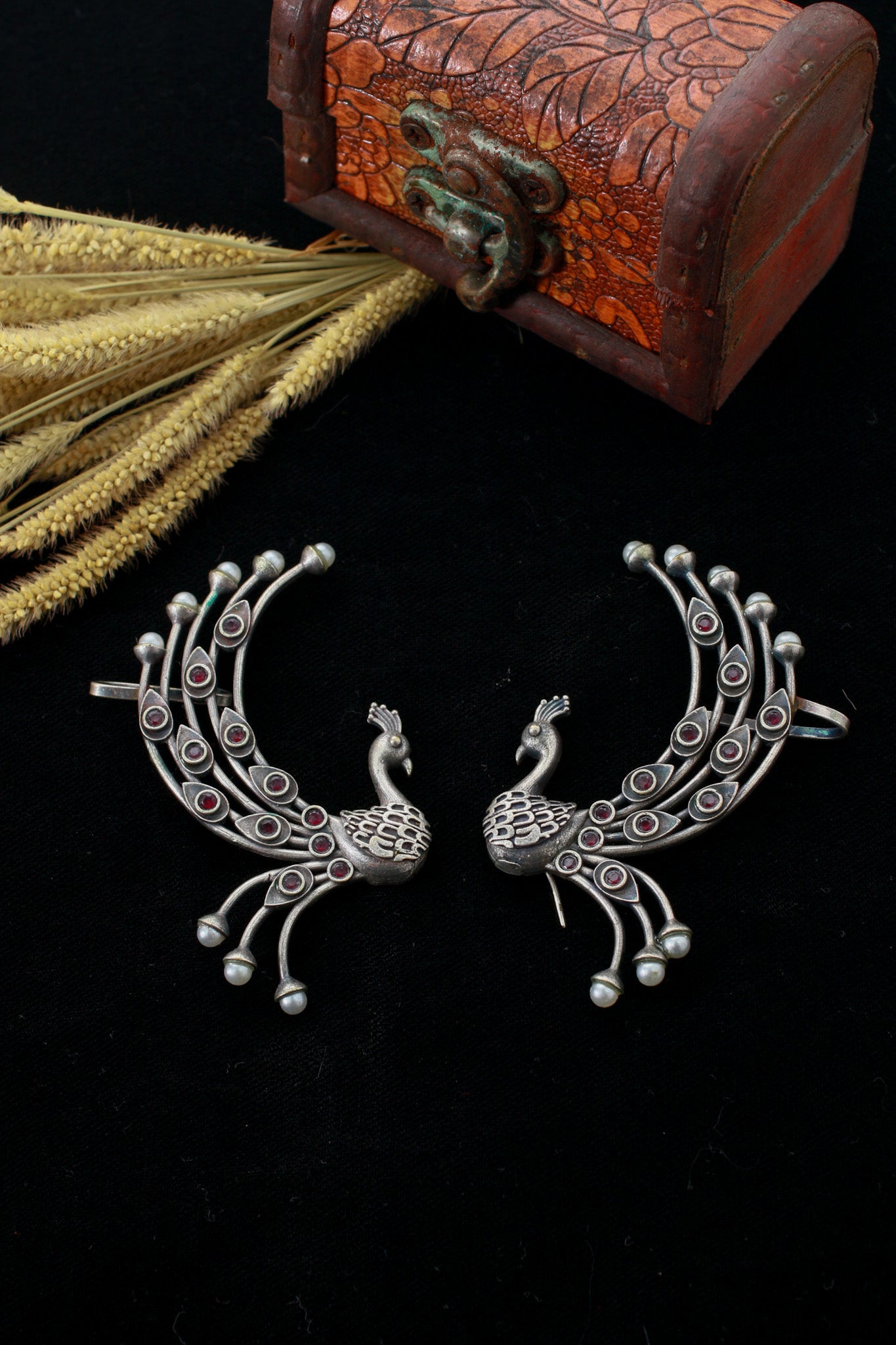 Peacock Ear Cuff Style Earrings with Maroon Accents | Oxidised German Silver