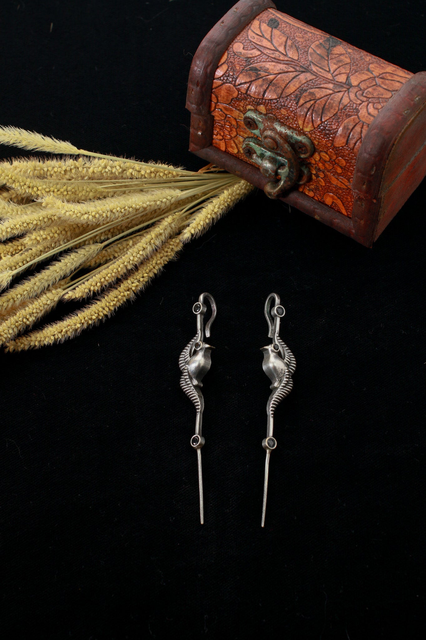 Traditional Oxidised German Silver Bugadi Earrings with Blue Stone Accents