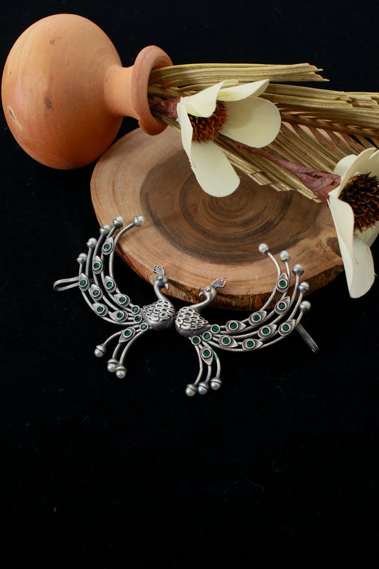 Peacock Ear Cuff Style Earrings with Green Accents | Oxidised German Silver