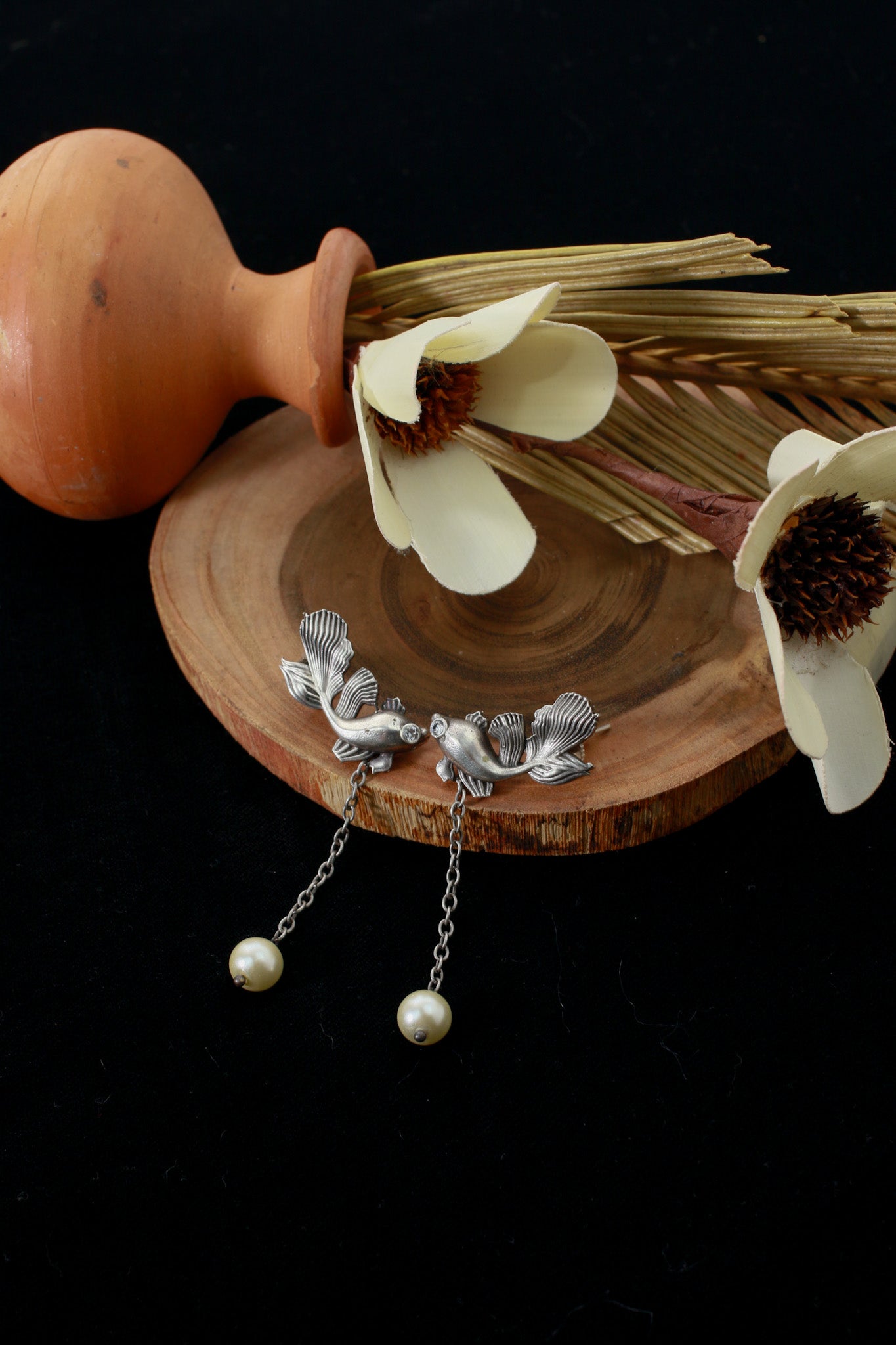 Fish Motif Chain Drop Oxidised German Silver Earrings with Pearl Ends