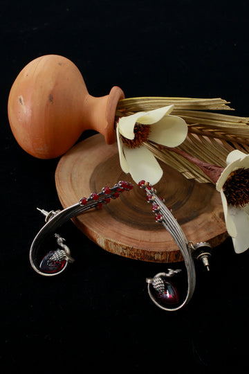 Maroon Monalisa Peacock Ear Cuff Earrings | Oxidised German Silver Statement