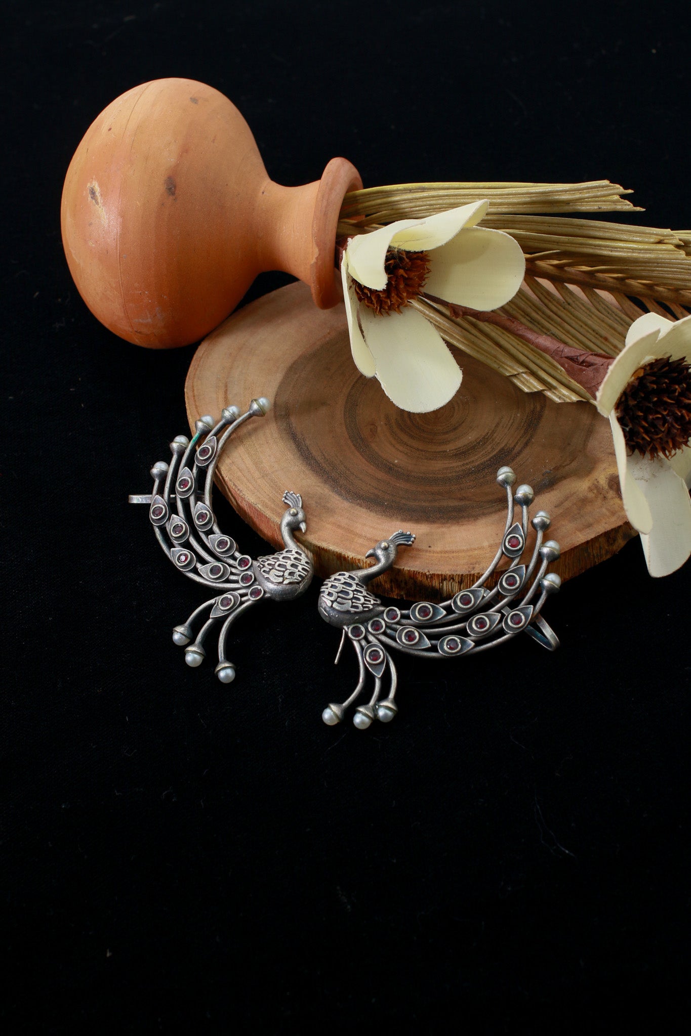 Peacock Ear Cuff Style Earrings with Maroon Accents | Oxidised German Silver