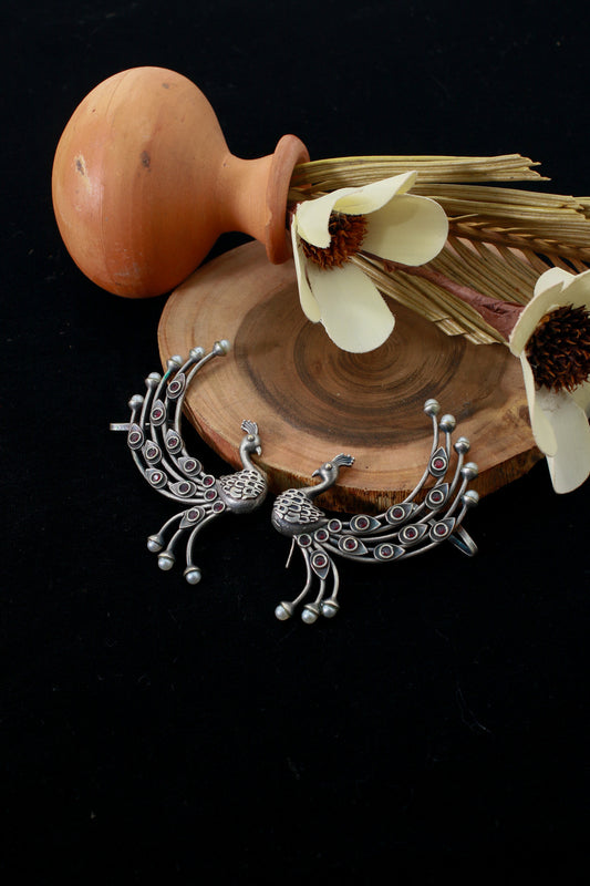 Peacock Ear Cuff Style Earrings with Maroon Accents | Oxidised German Silver