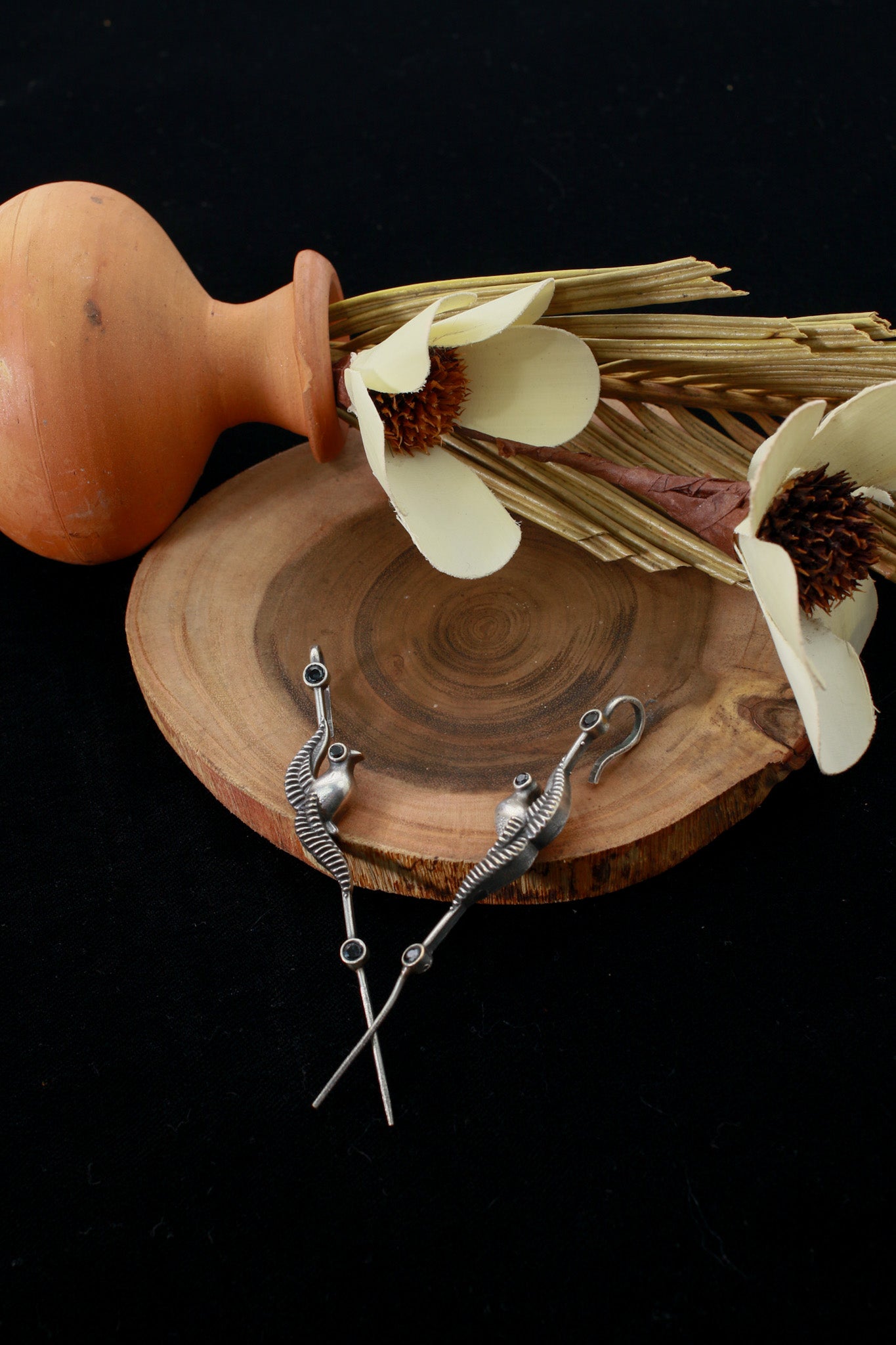 Traditional Oxidised German Silver Bugadi Earrings with Blue Stone Accents