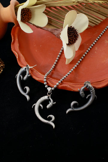Twin Fish Motif Pendant Set | Oxidised German Silver