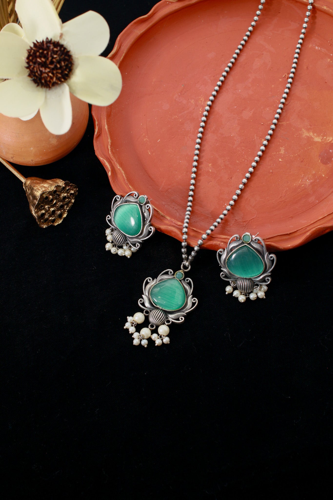 Green Monalisa Lotus Pendant Set with Earrings & Pearls | Oxidised German Silver