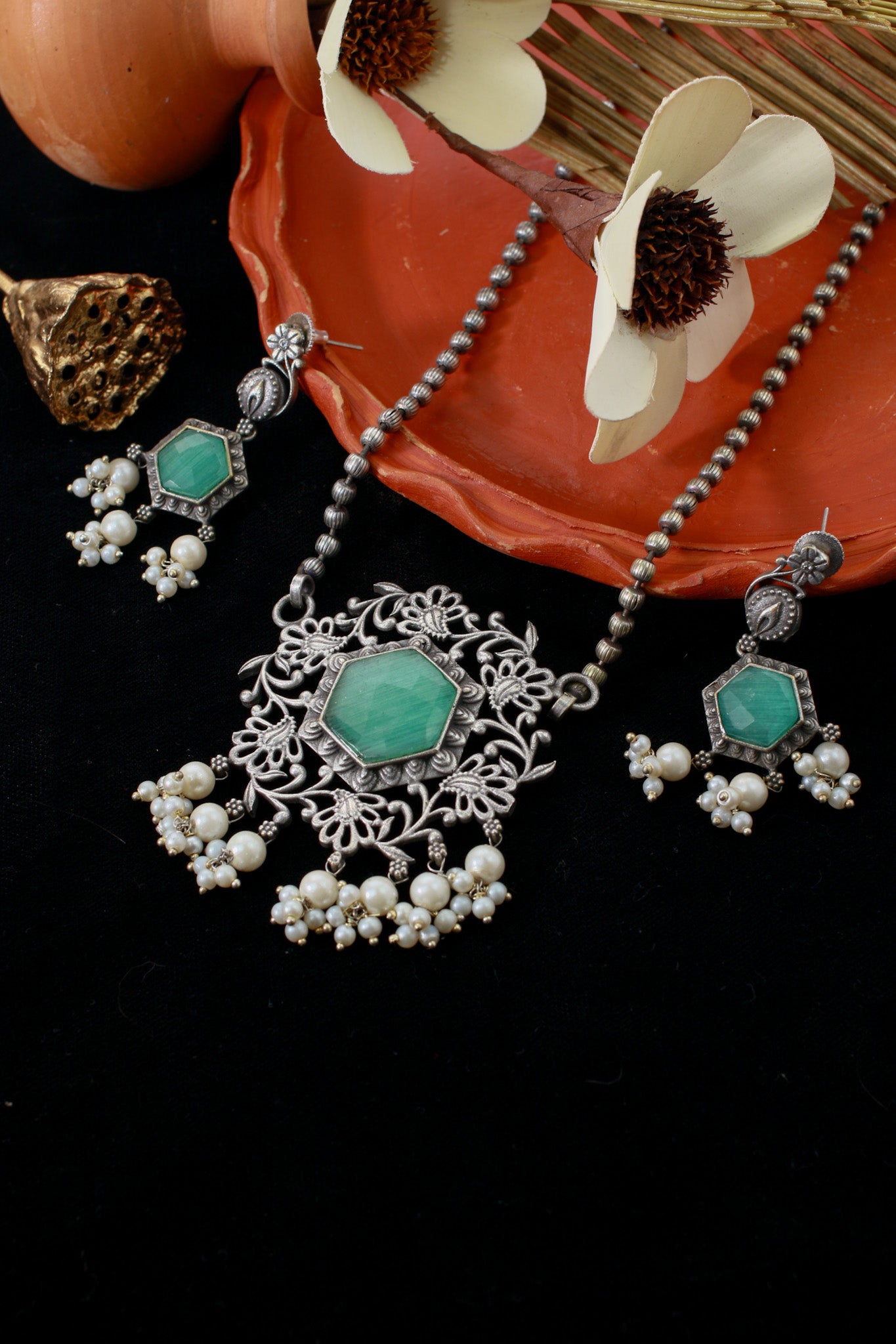 Floral Filigree Hexa Pendant Set with Green Monalisa | Oxidised German Silver