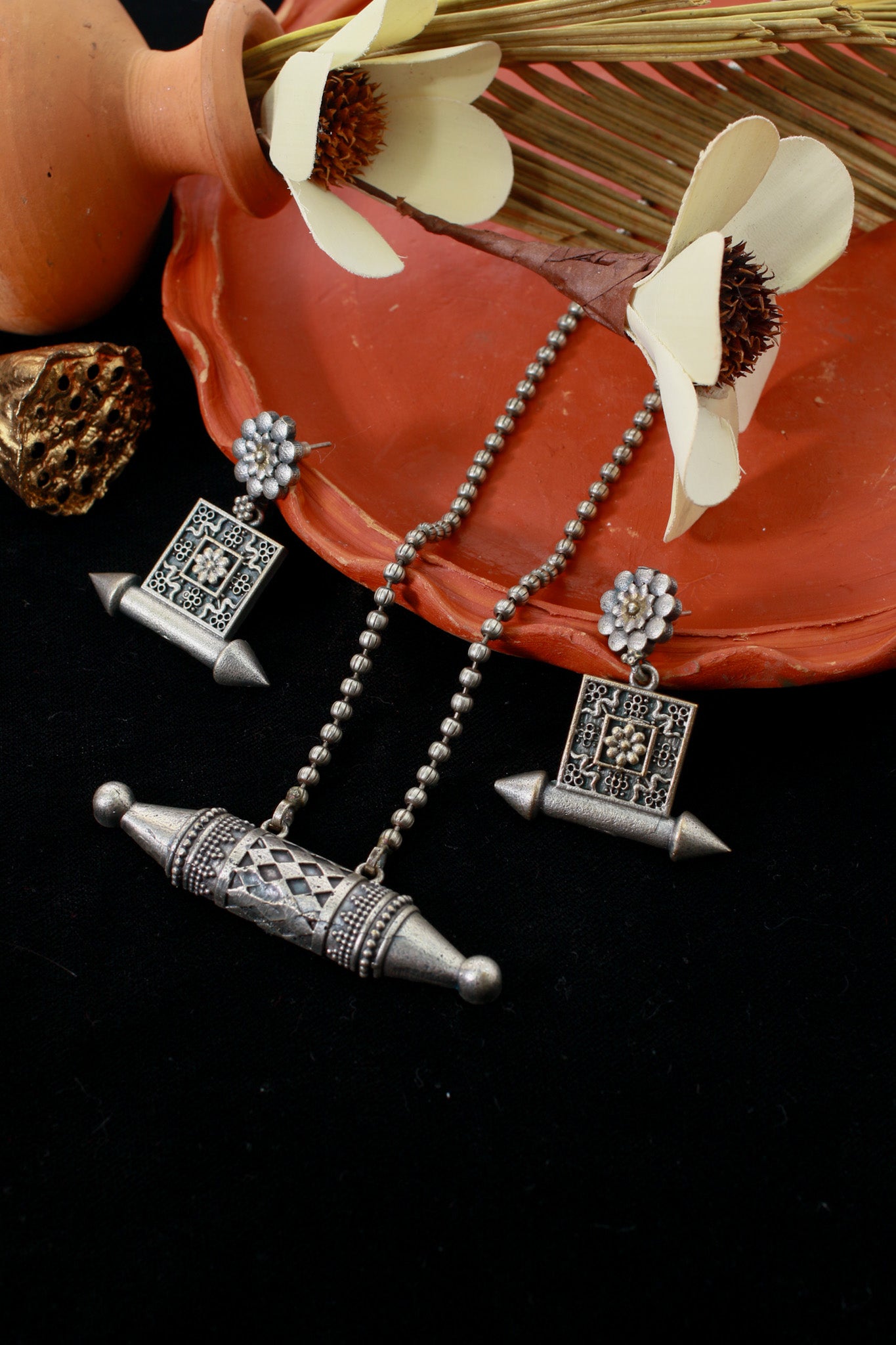 Taweez Barrel Pendant Set with Square Stud Earrings | Oxidised German Silver