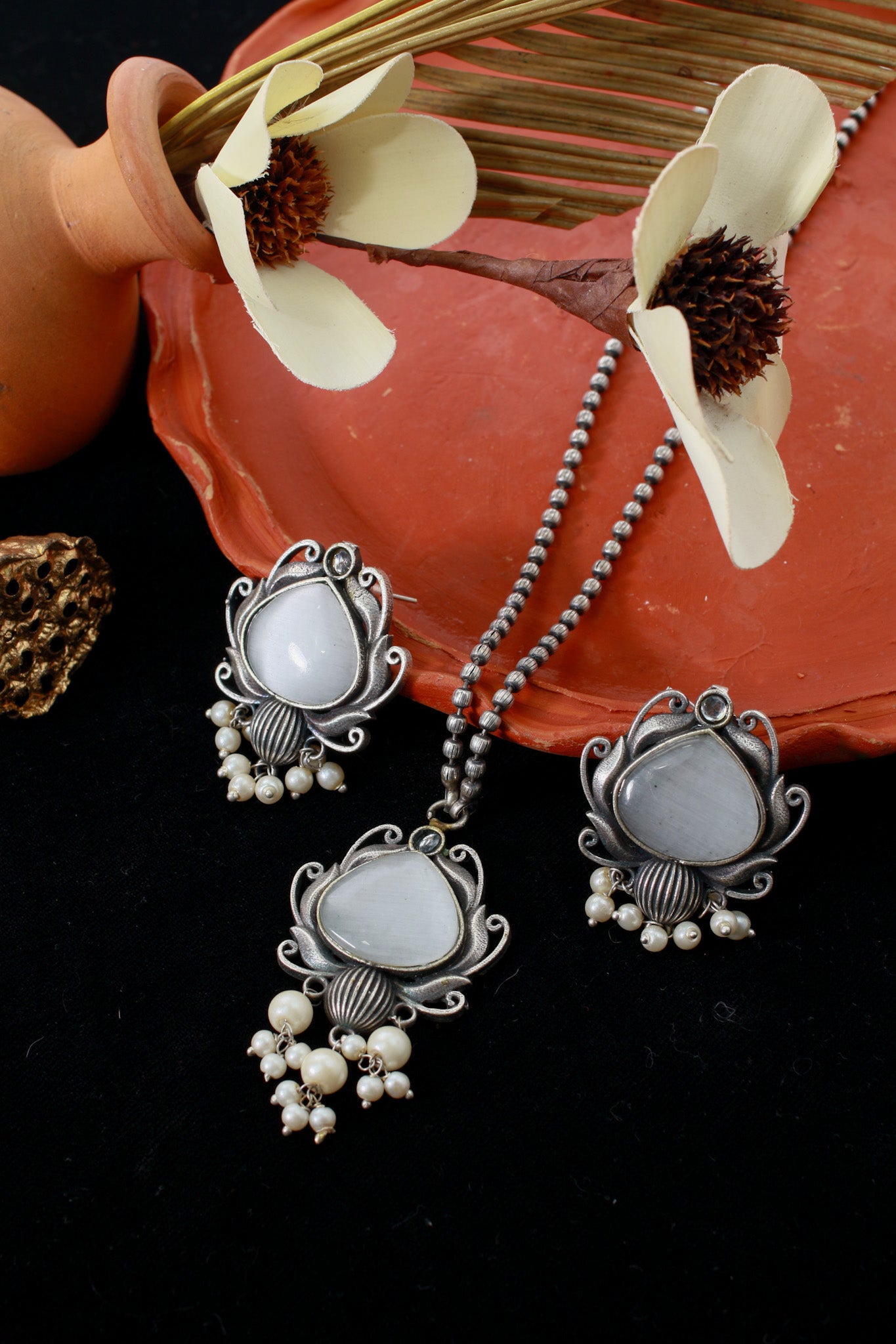 White Monalisa Lotus Pendant Set with Pearl Drops | Oxidised German Silver