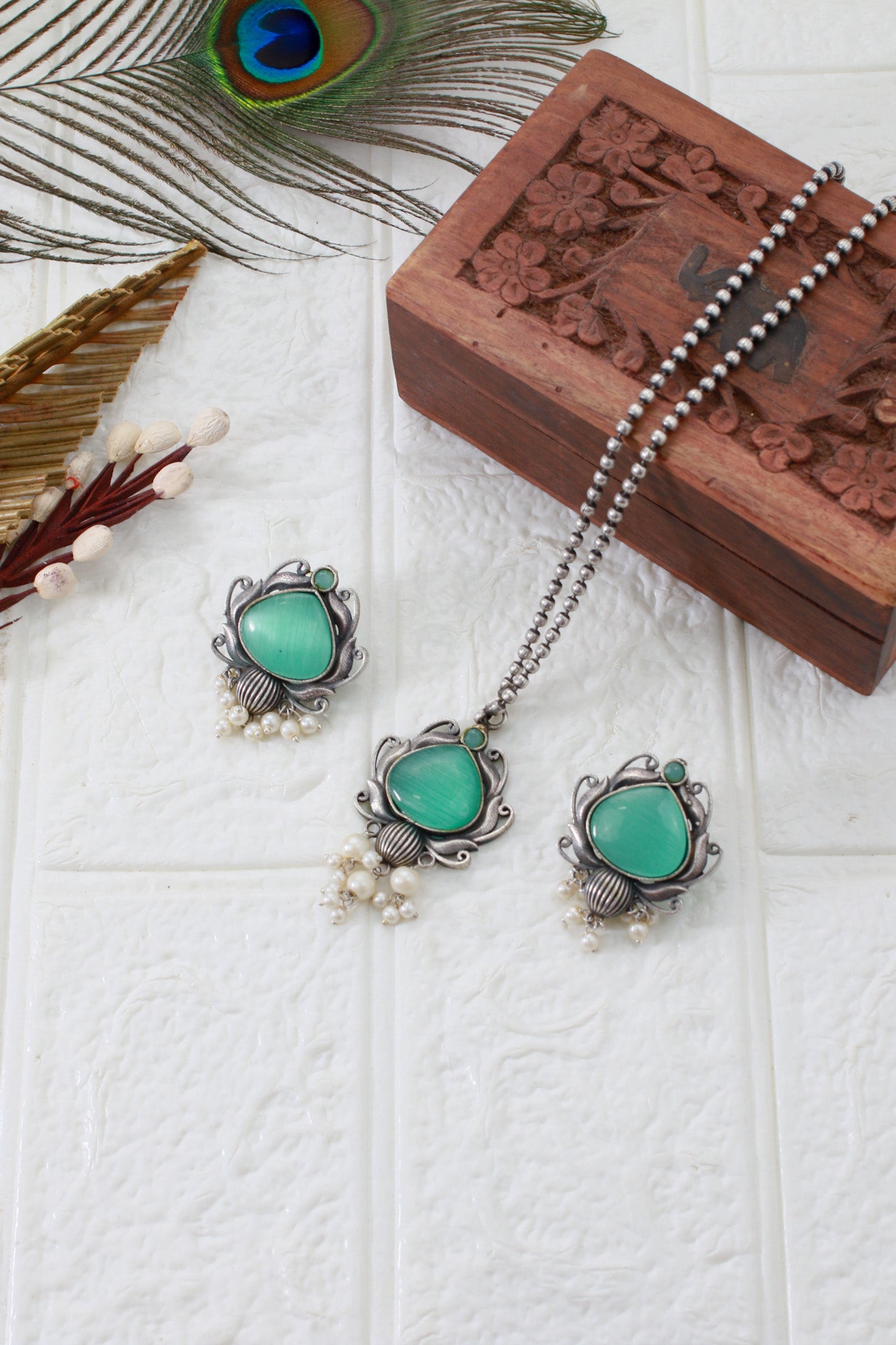Green Monalisa Lotus Pendant Set with Earrings & Pearls | Oxidised German Silver