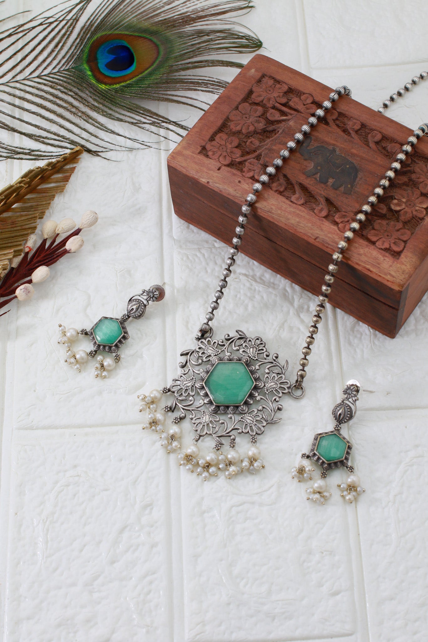 Floral Filigree Hexa Pendant Set with Green Monalisa | Oxidised German Silver