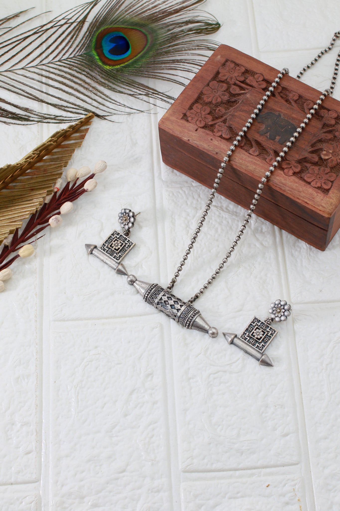 Taweez Barrel Pendant Set with Square Stud Earrings | Oxidised German Silver