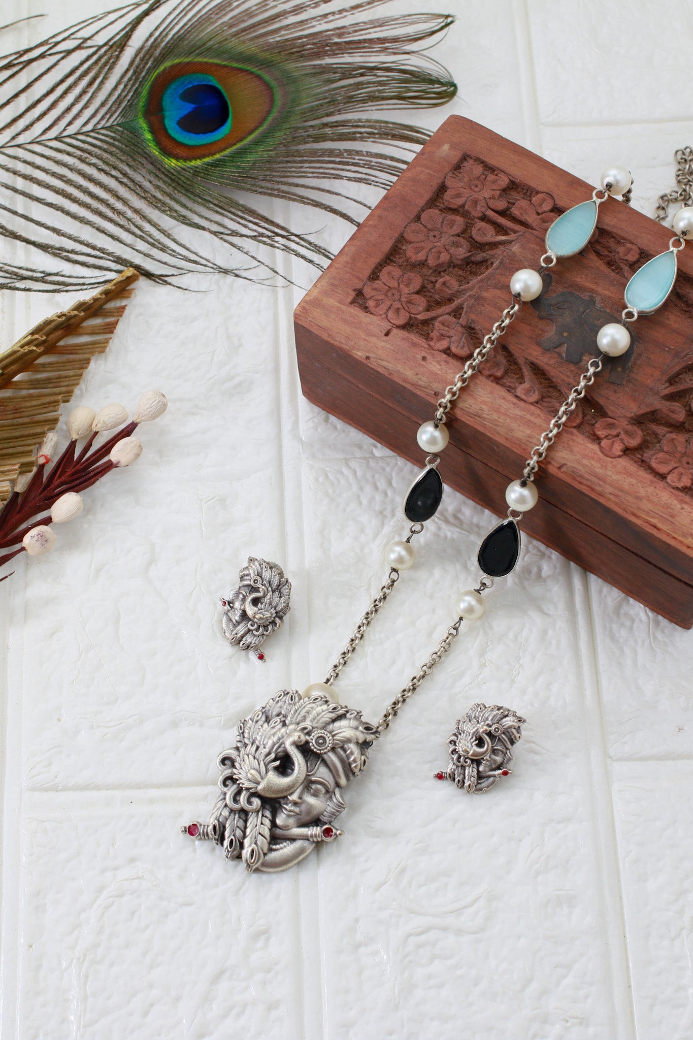 Krishna–Peacock Relief Pendant Set with Beaded Chain | Oxidised German Silver