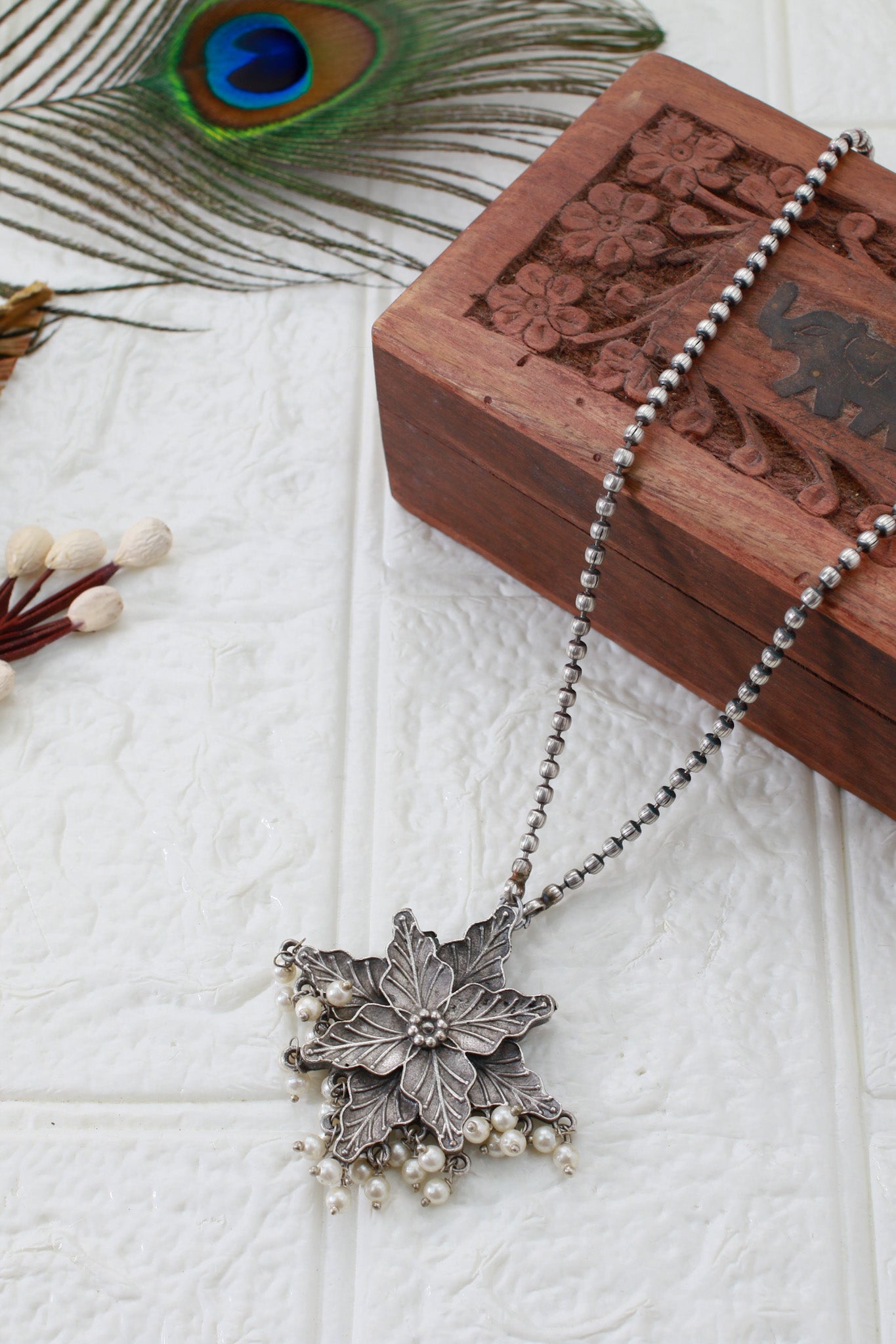Oxidised Floral Star Pendant with Pearl Tassels | German Silver