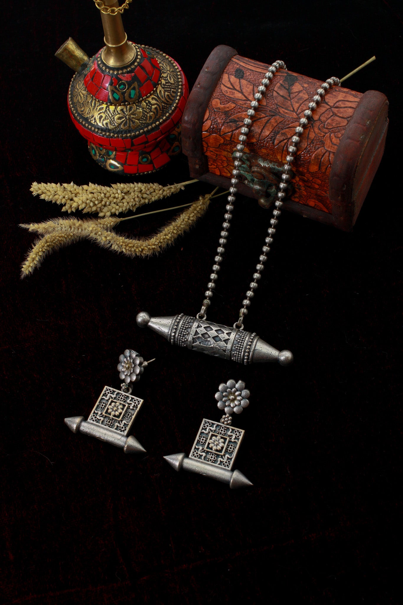 Taweez Barrel Pendant Set with Square Stud Earrings | Oxidised German Silver