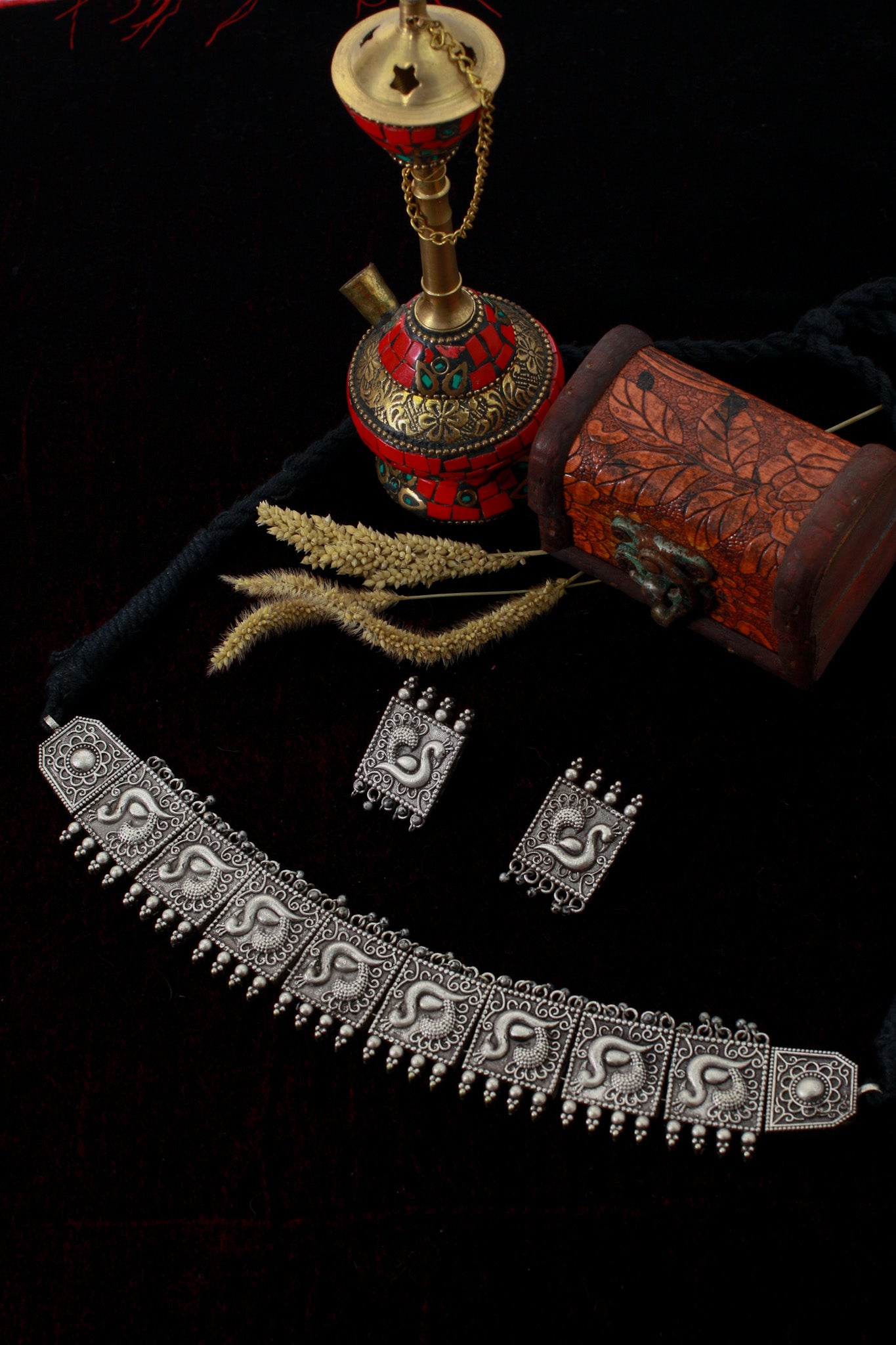 Temple Swan Panel Choker Necklace with Earrings | Oxidised German Silver