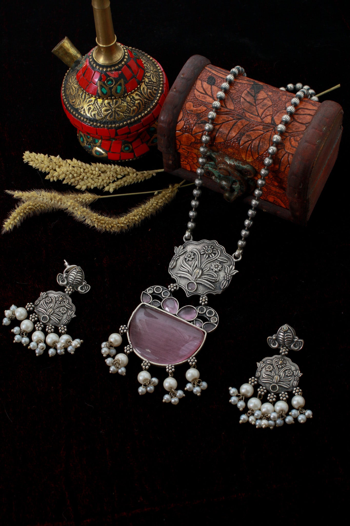 Pink Monalisa Floral Panel Pendant Set with Pearls | Oxidised German Silver